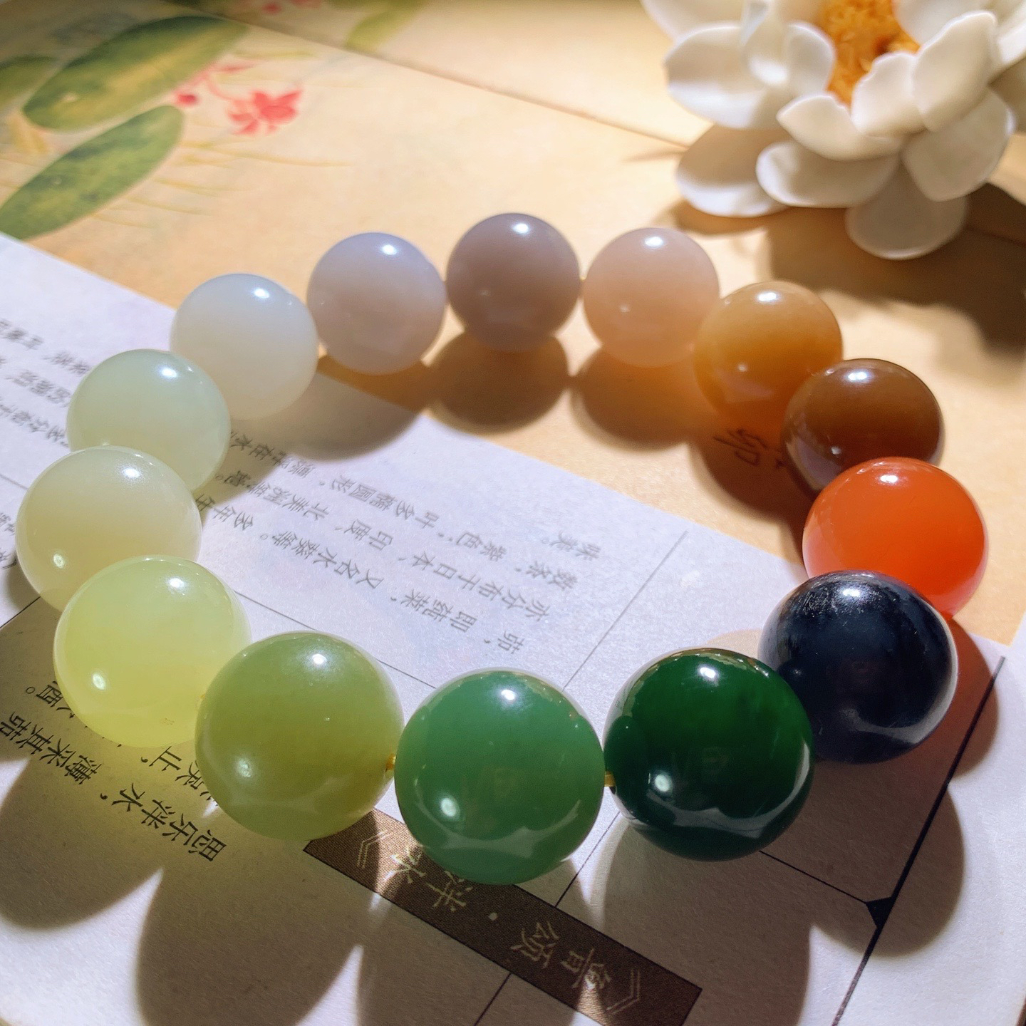 新疆和田玉多宝圆珠手串 单颗尺寸16重90克 玉质细腻油润 底色纯净 脂粉好，品质好。lt260410