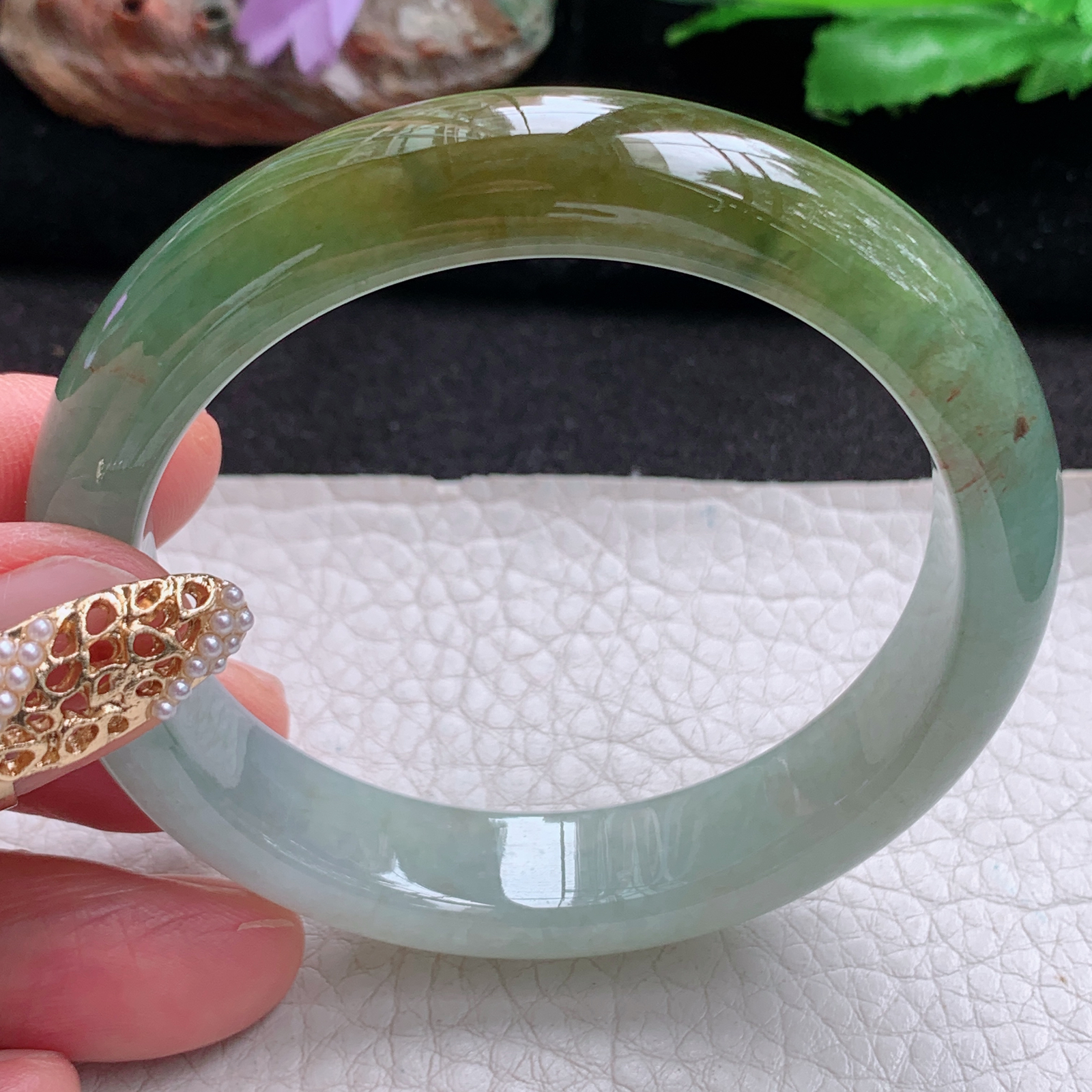 js实拍54*12.5*7.8招财镯 天然翡翠a货手镯双彩半山半水正圈玉镯子