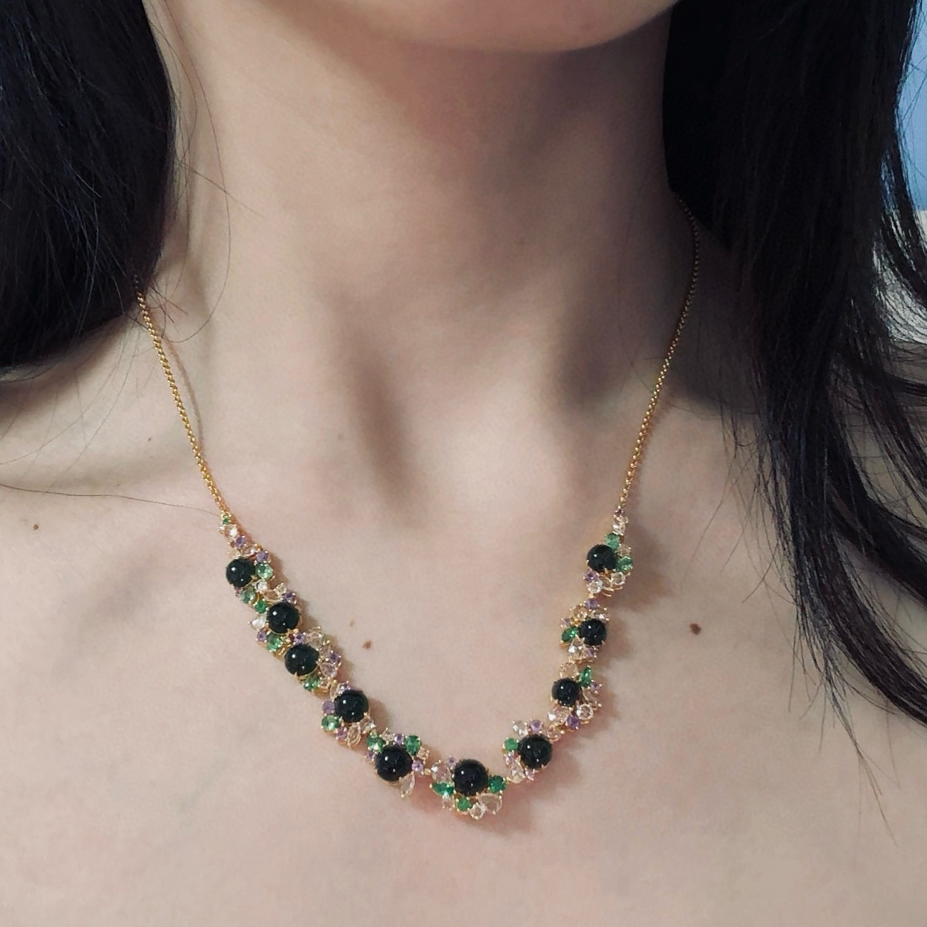 精品豪镶墨翠蛋面项链 种好色正 黑度好 打灯通透  尺寸5.5