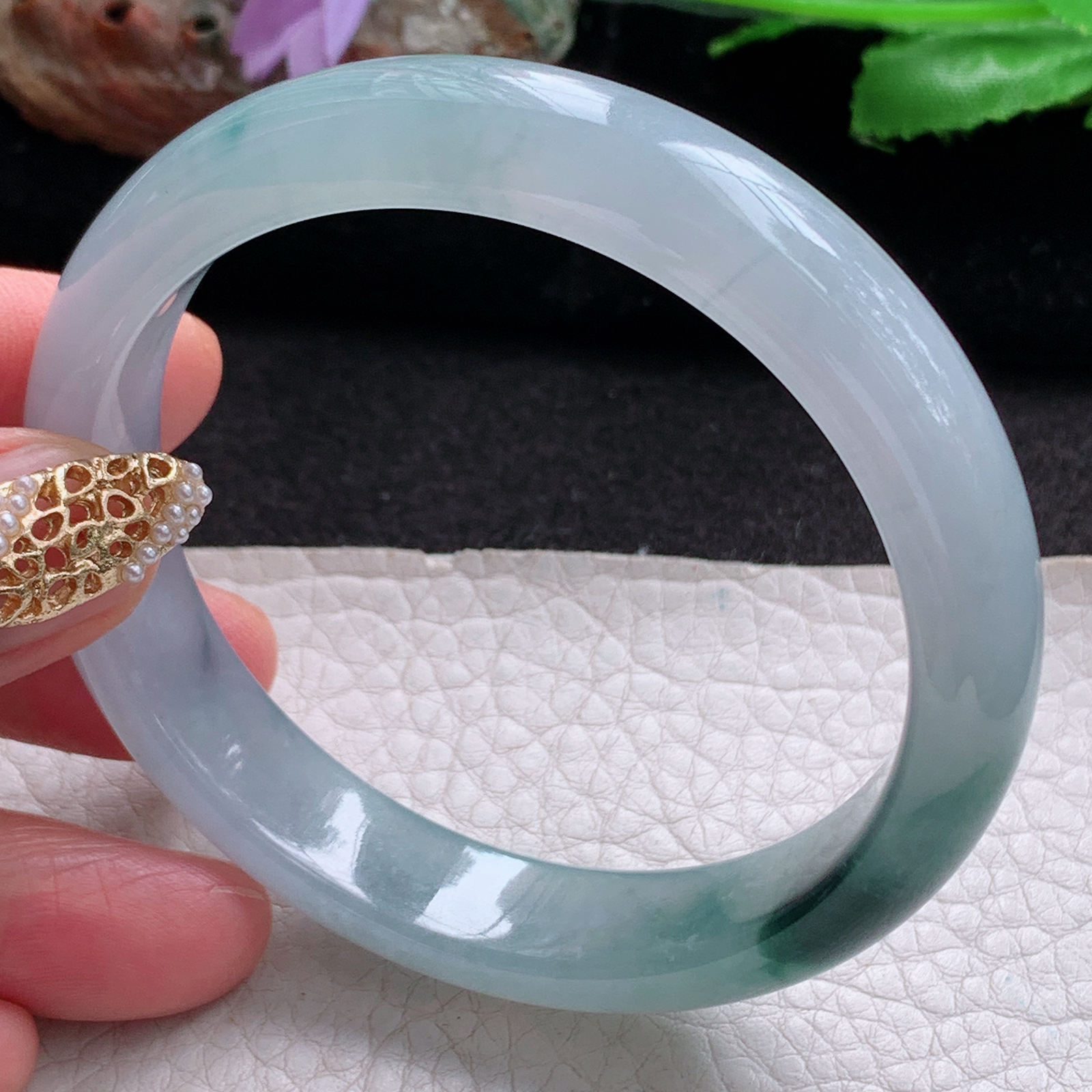 js实拍57.5*12.6*7.6平安镯 天然翡翠a货手镯冰飘花正圈玉镯子