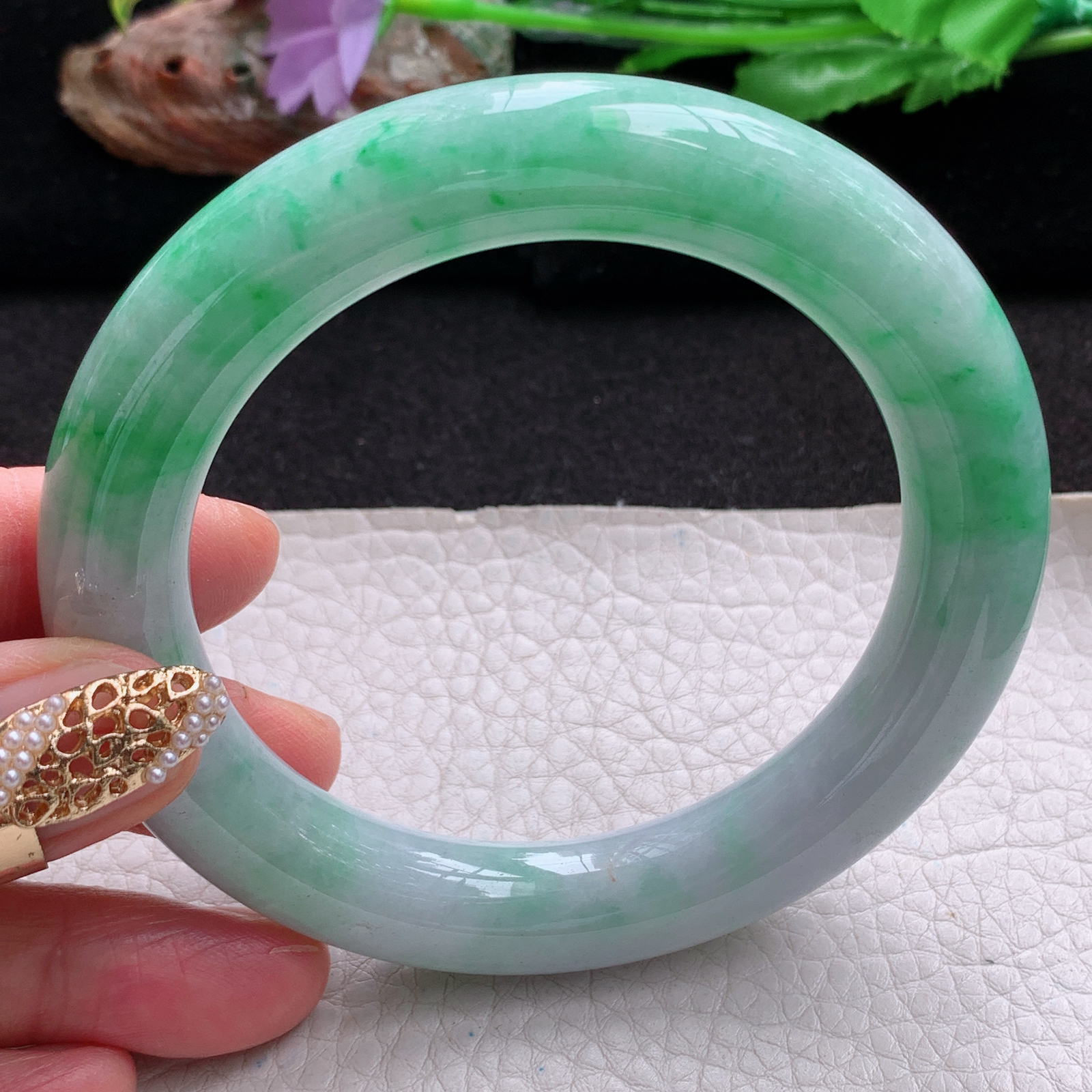 jx大圈口60*11.5*11.8招财美人镯 天然翡翠a货手镯飘绿花圆条正圈玉镯子
