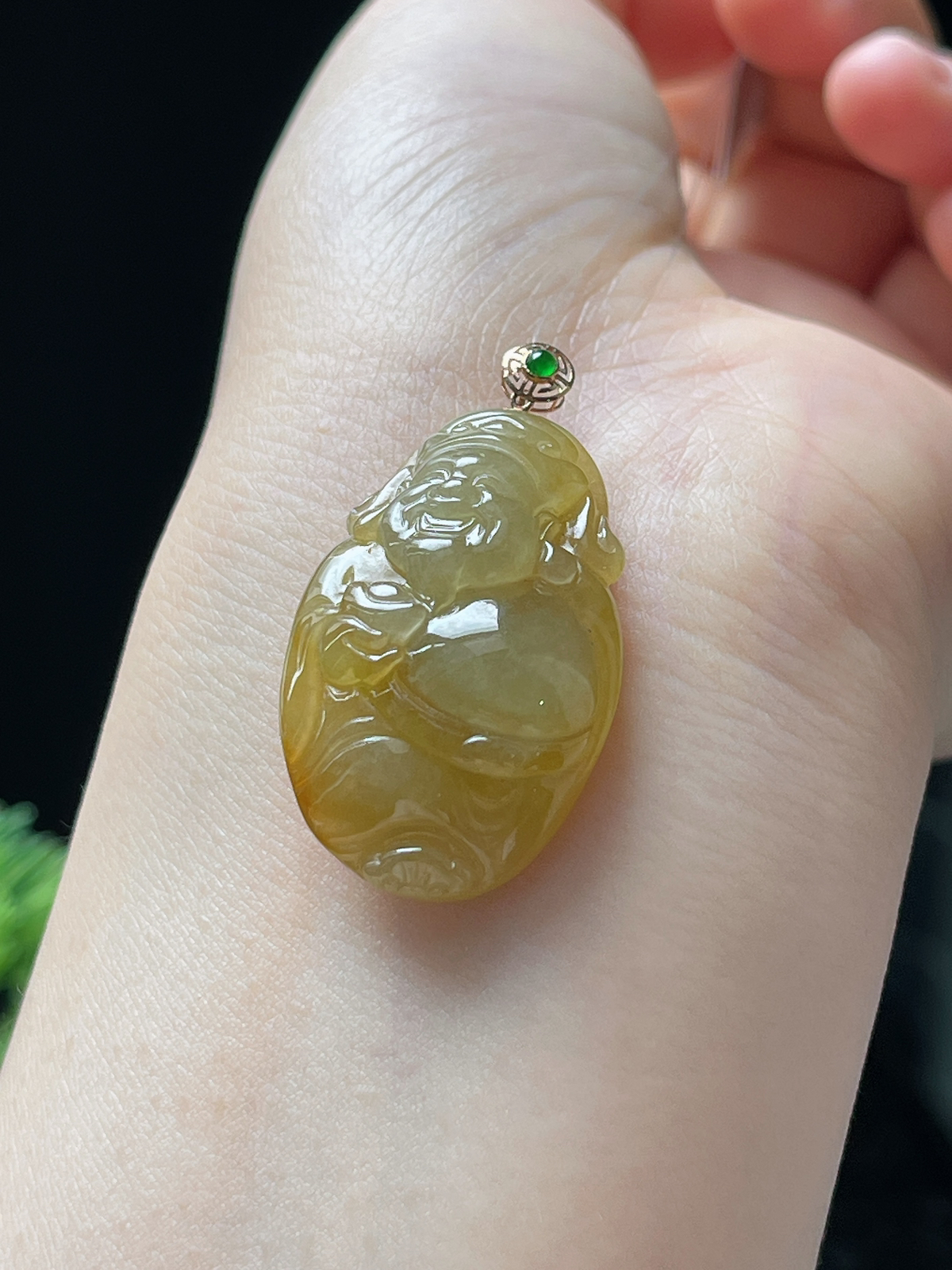 18k金翡翠冰糯种黄财神吊坠