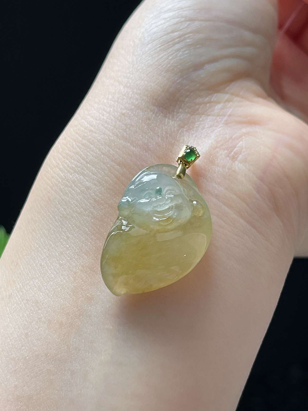 18k金翡翠冰糯黄佛公吊坠