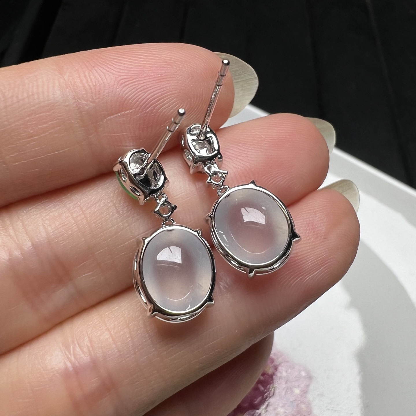 ️18k金钻石镶嵌冰种翡翠白冰大蛋面耳钉耳坠搭配阳绿黄翡双彩蛋面天然缅甸A货