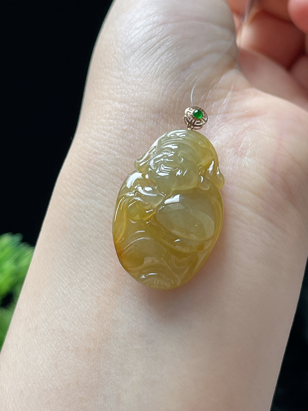 18k金翡翠冰糯种黄财神吊坠