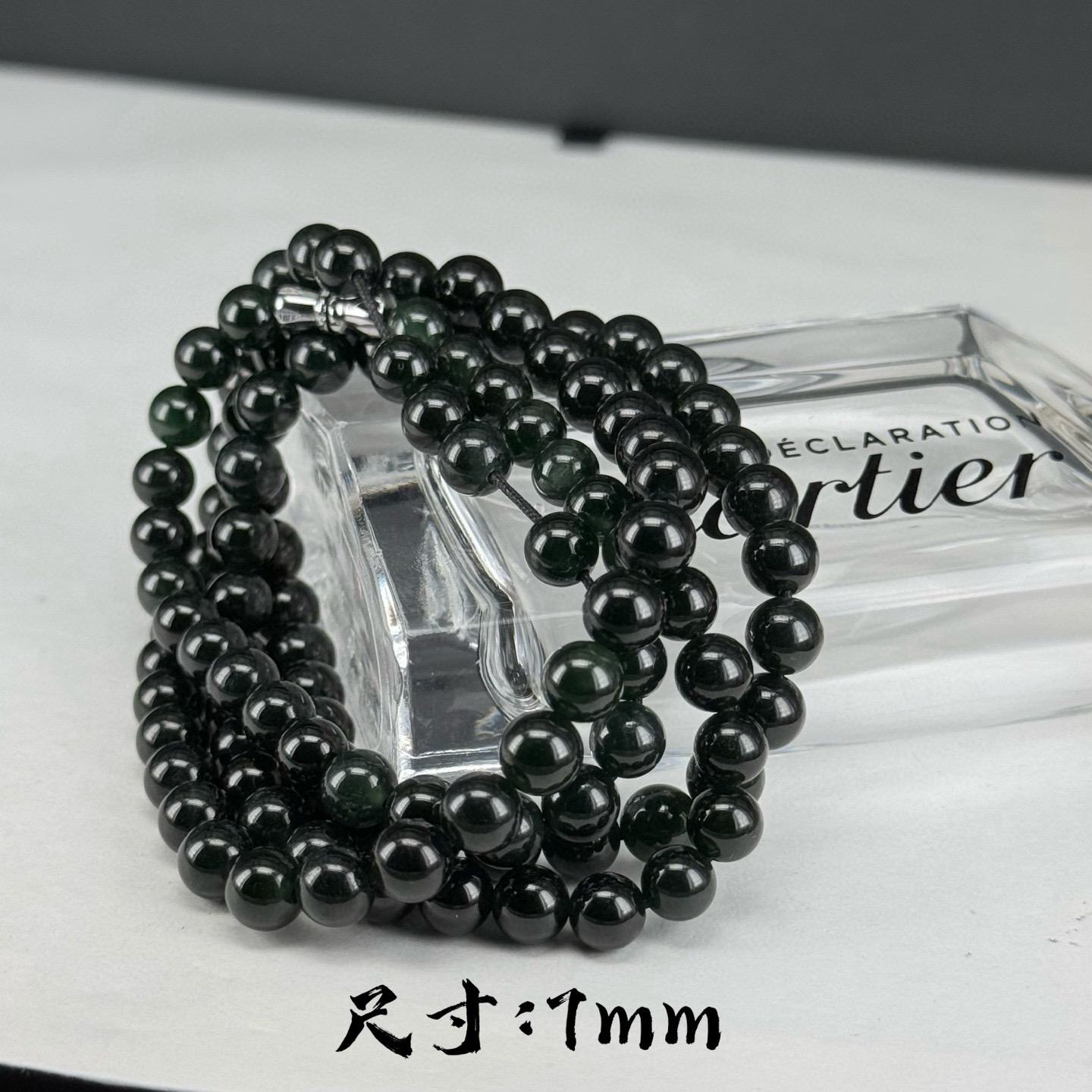 精品墨翠卡7mm长珠子手串 种好色正 黑度好 打灯通透