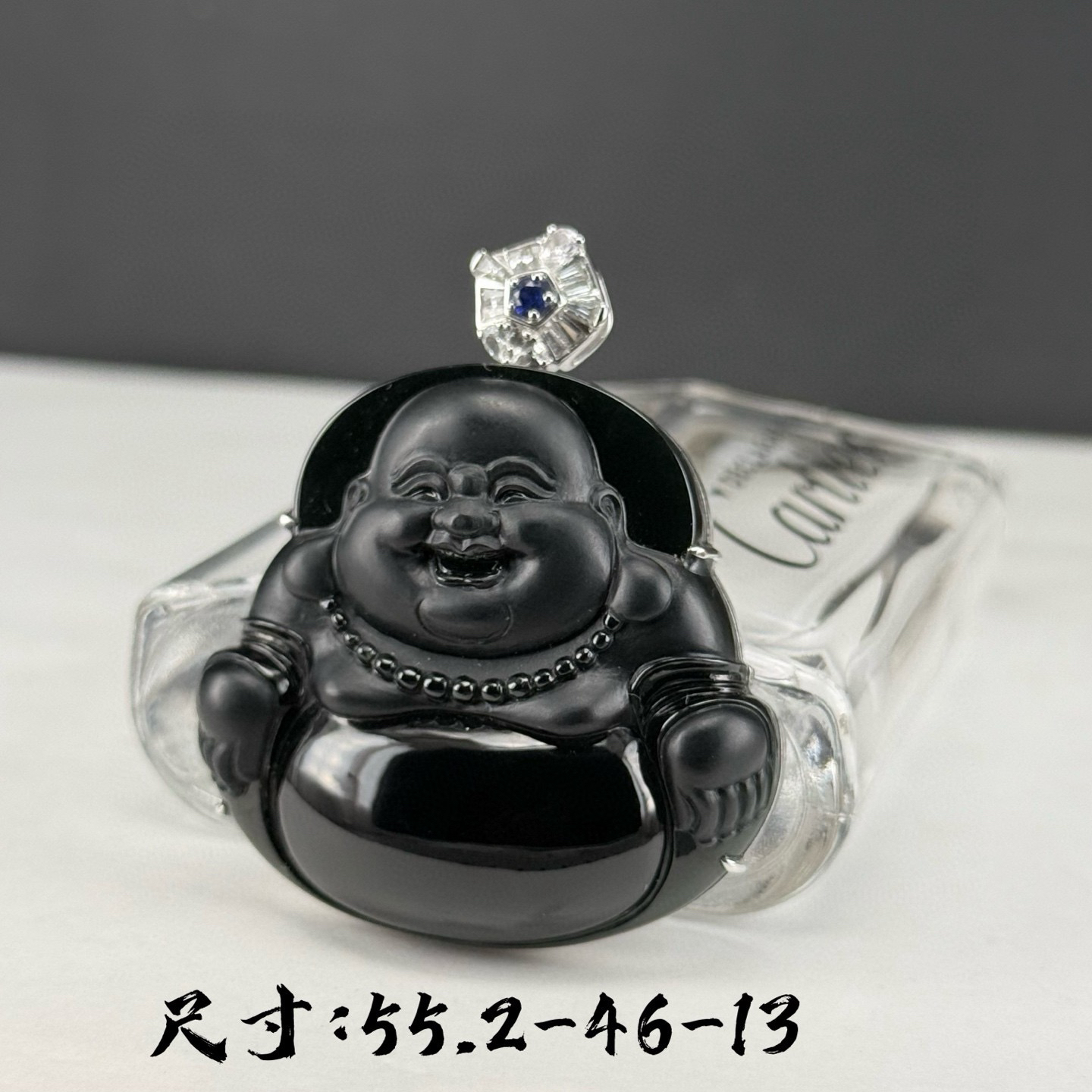 18k墨翠大肚佛 种好色正 饱满大气 打灯通透 黑度极好 油性十足  尺寸55.2