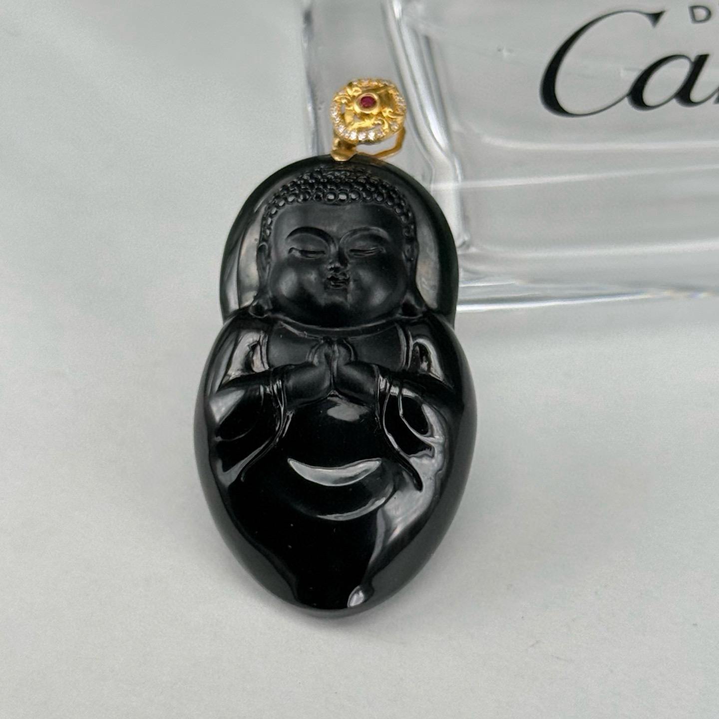 精品18k墨翠宝宝佛 种好色正 黑度极好 打灯通透 油性十足 尺寸49.5