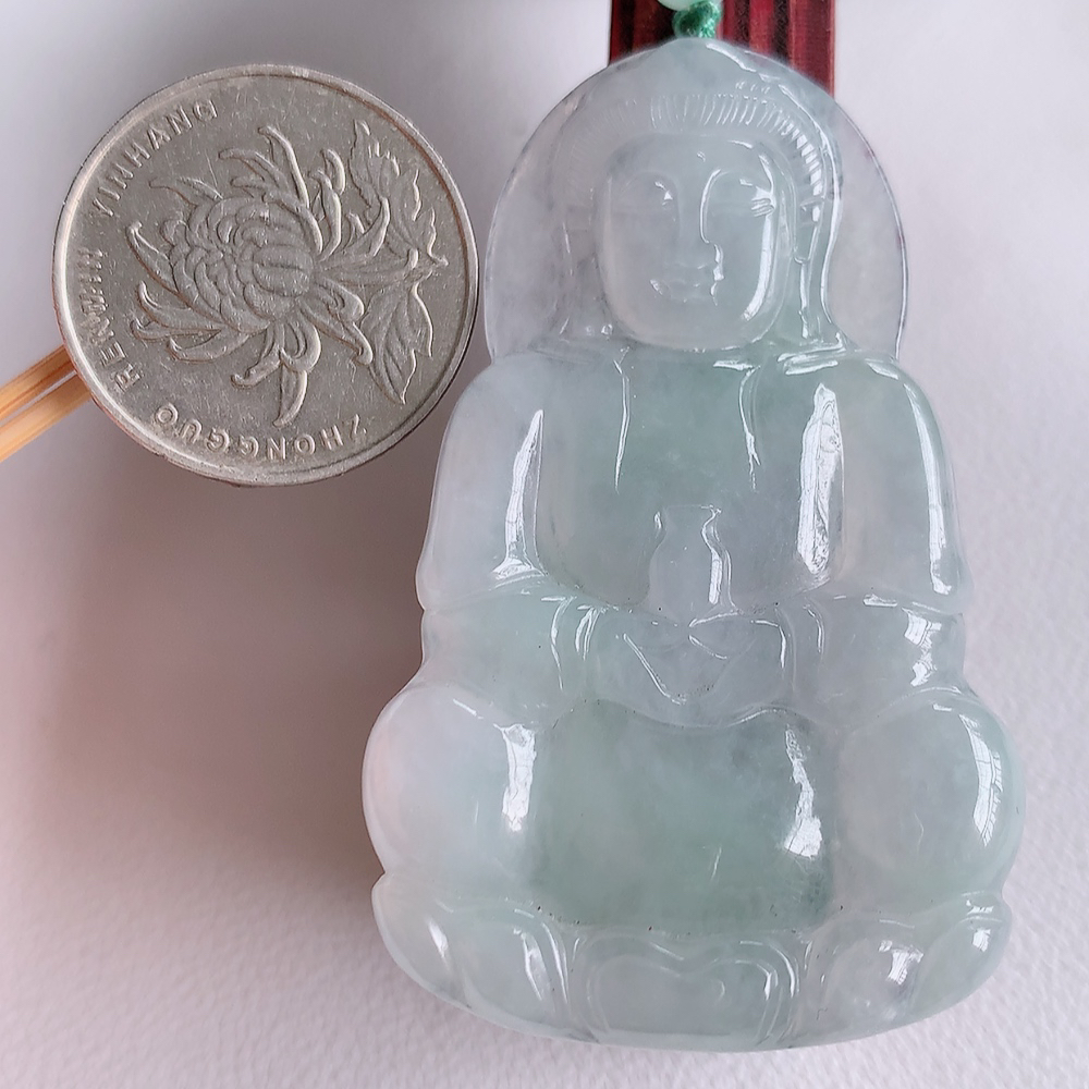 冰润精雕观音吊坠，法相端庄大气，工艺精湛，种色浓郁，细腻饱满冰润，种老水足，收藏佳品，佩戴大气  W357.11   尺寸：58.8-36-5mm
