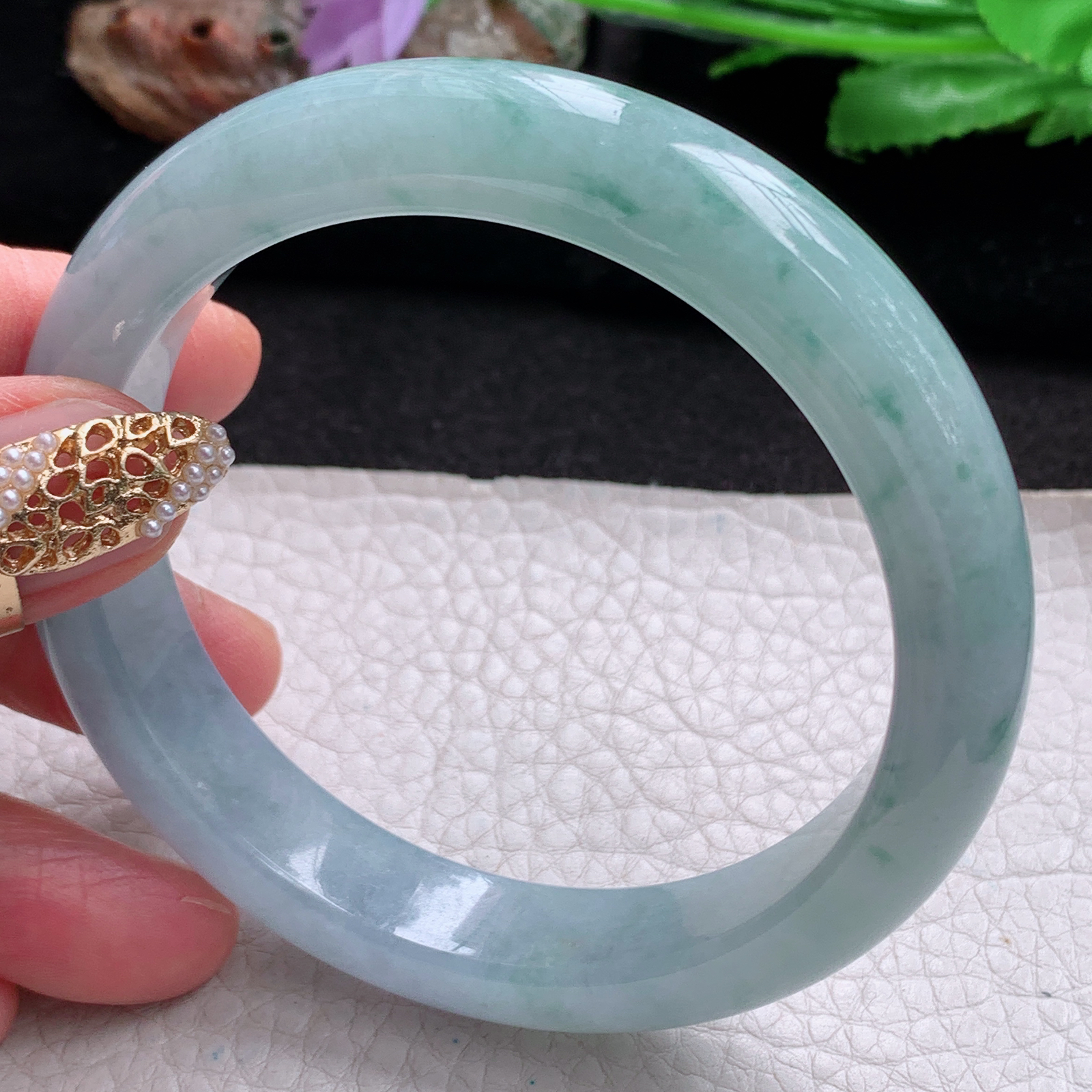 nr大圈口60*13*9平安镯 天然翡翠a货手镯冰飘花大气正圈玉镯子