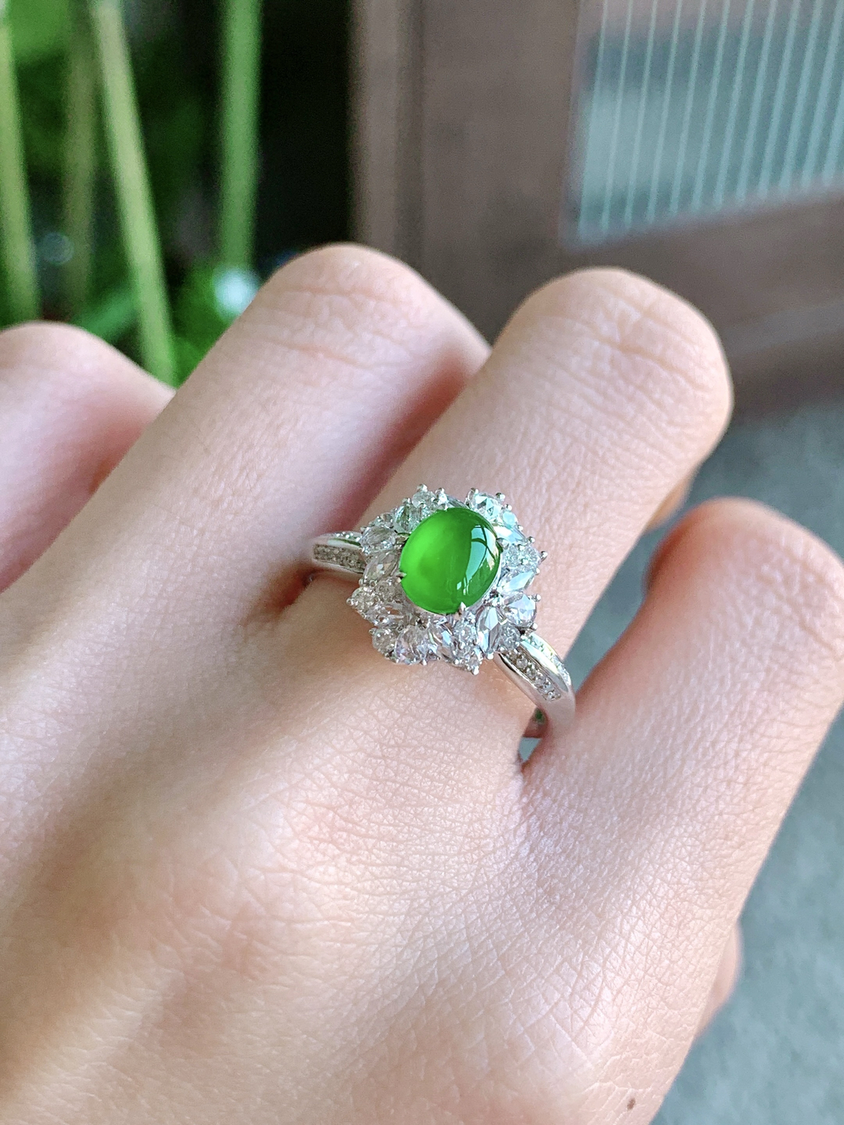 【镶嵌】冰阳绿蛋面戒指
【说明】18k金镶嵌 性价比高  
【整体】12.3-11.8-8.8
【裸石】6.4-5.4-2.3
【圈口】14.5号