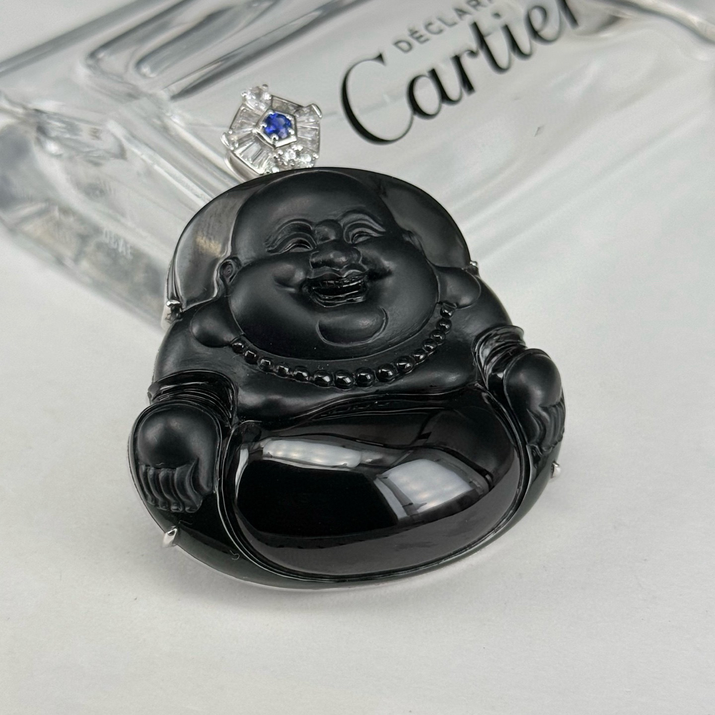 18k墨翠大肚佛 种好色正 饱满大气 打灯通透 黑度极好 油性十足  尺寸55.2