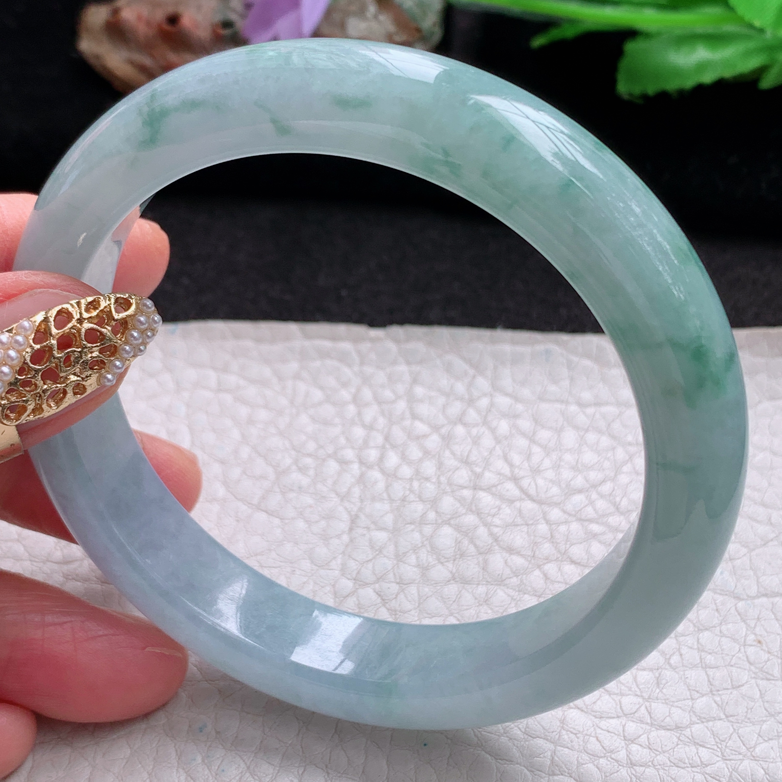nr大圈口60*13*9平安镯 天然翡翠a货手镯冰飘花大气正圈玉镯子
