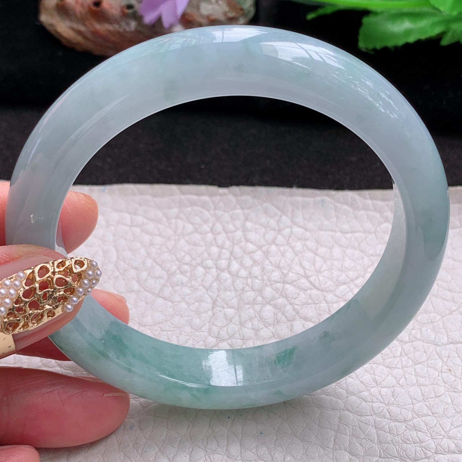 nr大圈口60*13*9平安镯 天然翡翠a货手镯冰飘花大气正圈玉镯子