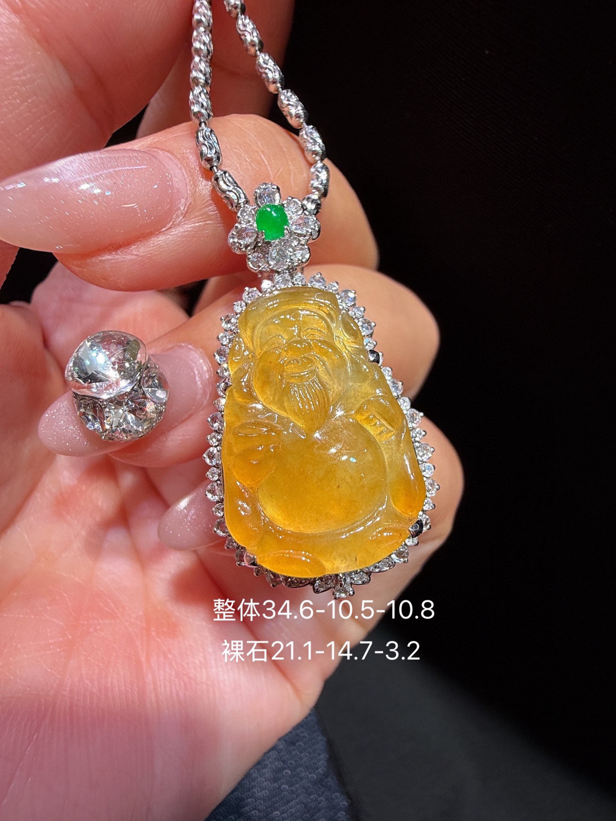 ️ 冰黄翡财神吊坠 精工雕刻 细腻水润 18k金钻豪华镶..