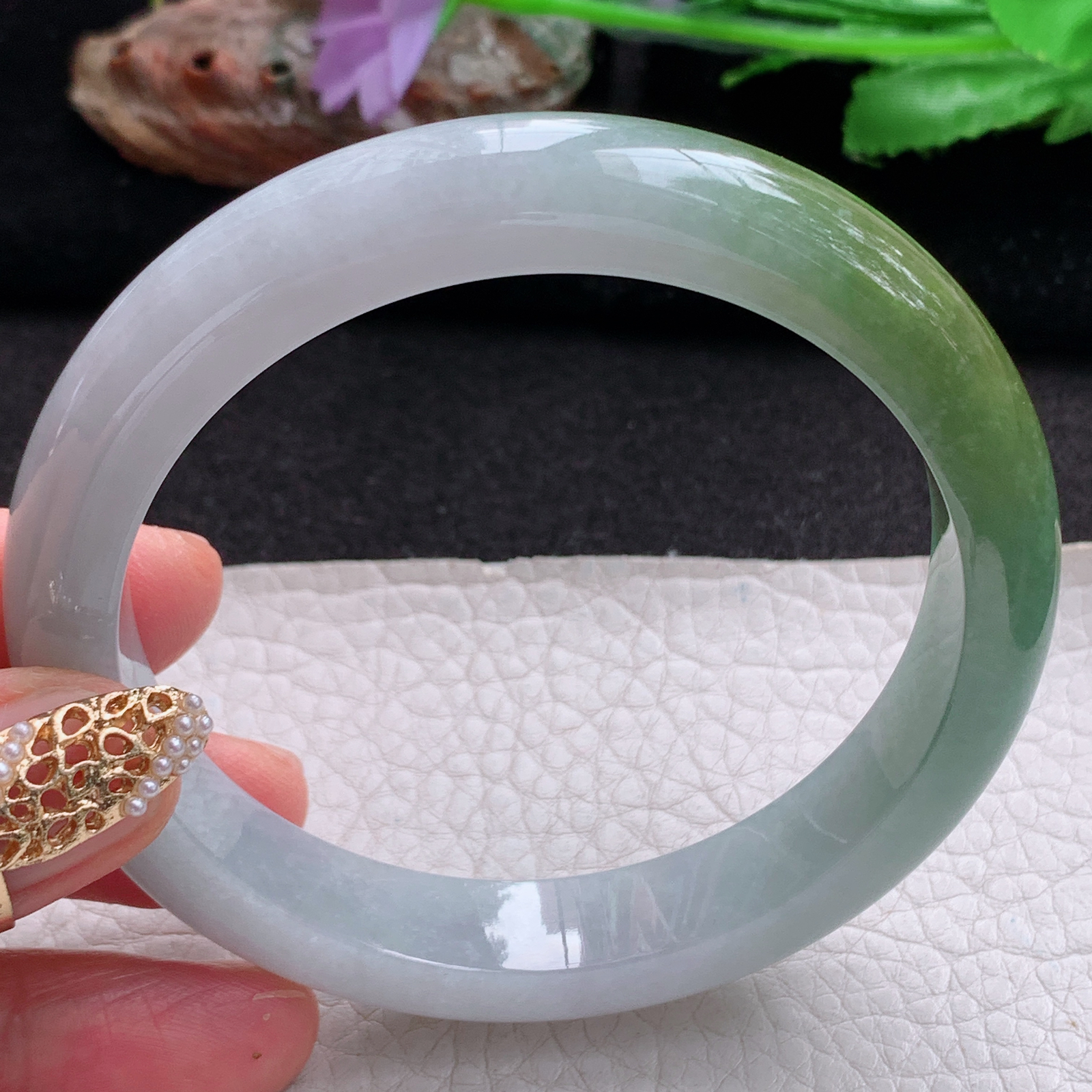 js大圈口61*11.8*8.5招财镯 天然翡翠a货手镯冰润双彩正圈玉镯子