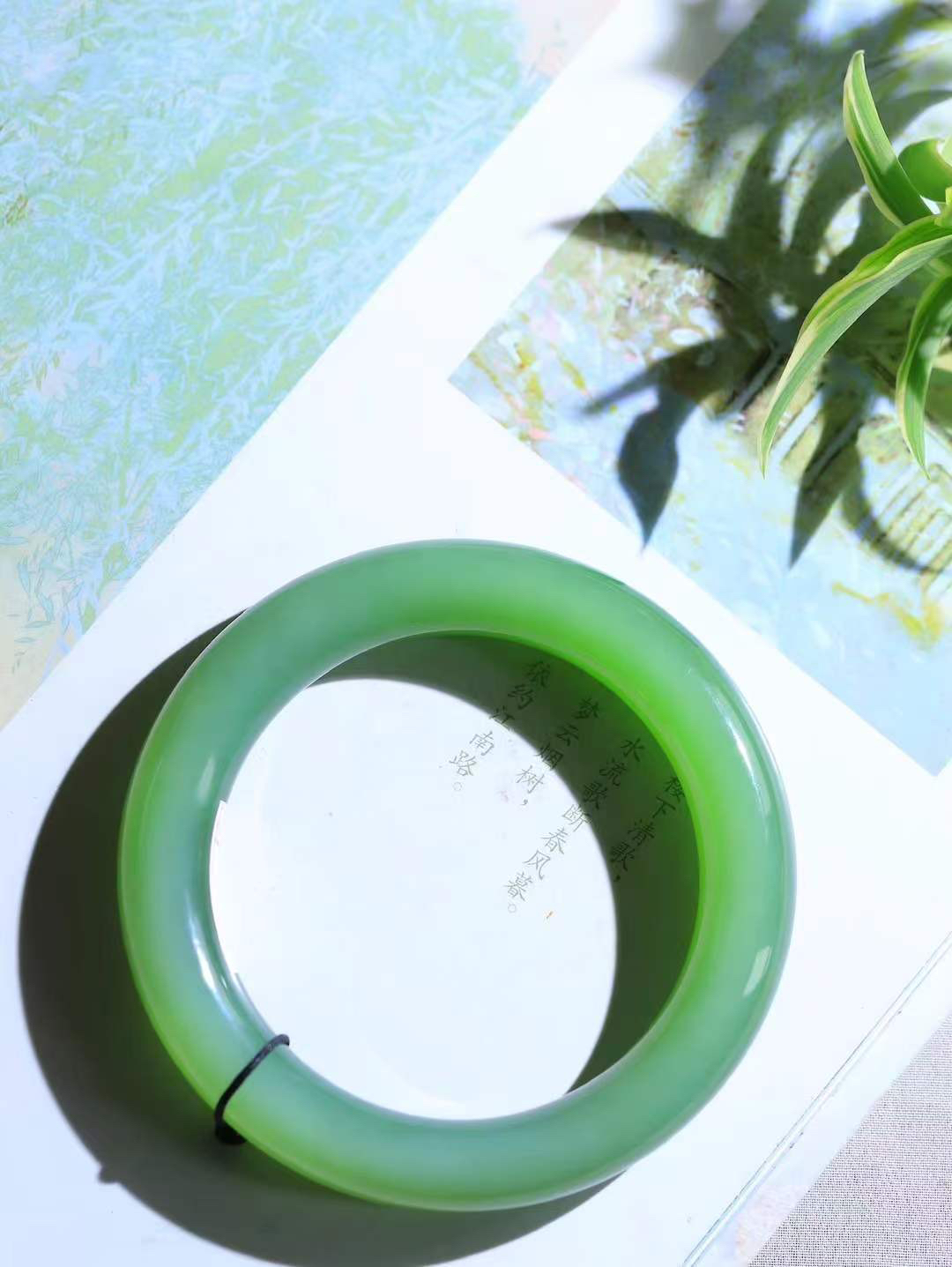 （碧色荡漾.手镯）

收藏级臻品和田玉碧玉起荧光手镯，灼灼其华想像靓妆淡伫 ，腕间绿意跳脱冰壶莹，坐间静对，姑射仙姿潇洒处，艳冶最奇料子油润滋腻镯型饱满，手感上佳。重69.2克   内径56.5mm尺寸12-11.5mm  24471113T