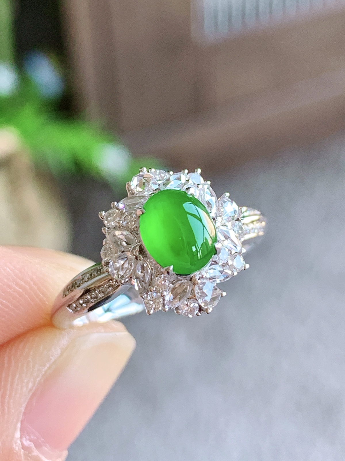 【镶嵌】冰阳绿蛋面戒指
【说明】18k金镶嵌 性价比高  
【整体】12.3-11.8-8.8
【