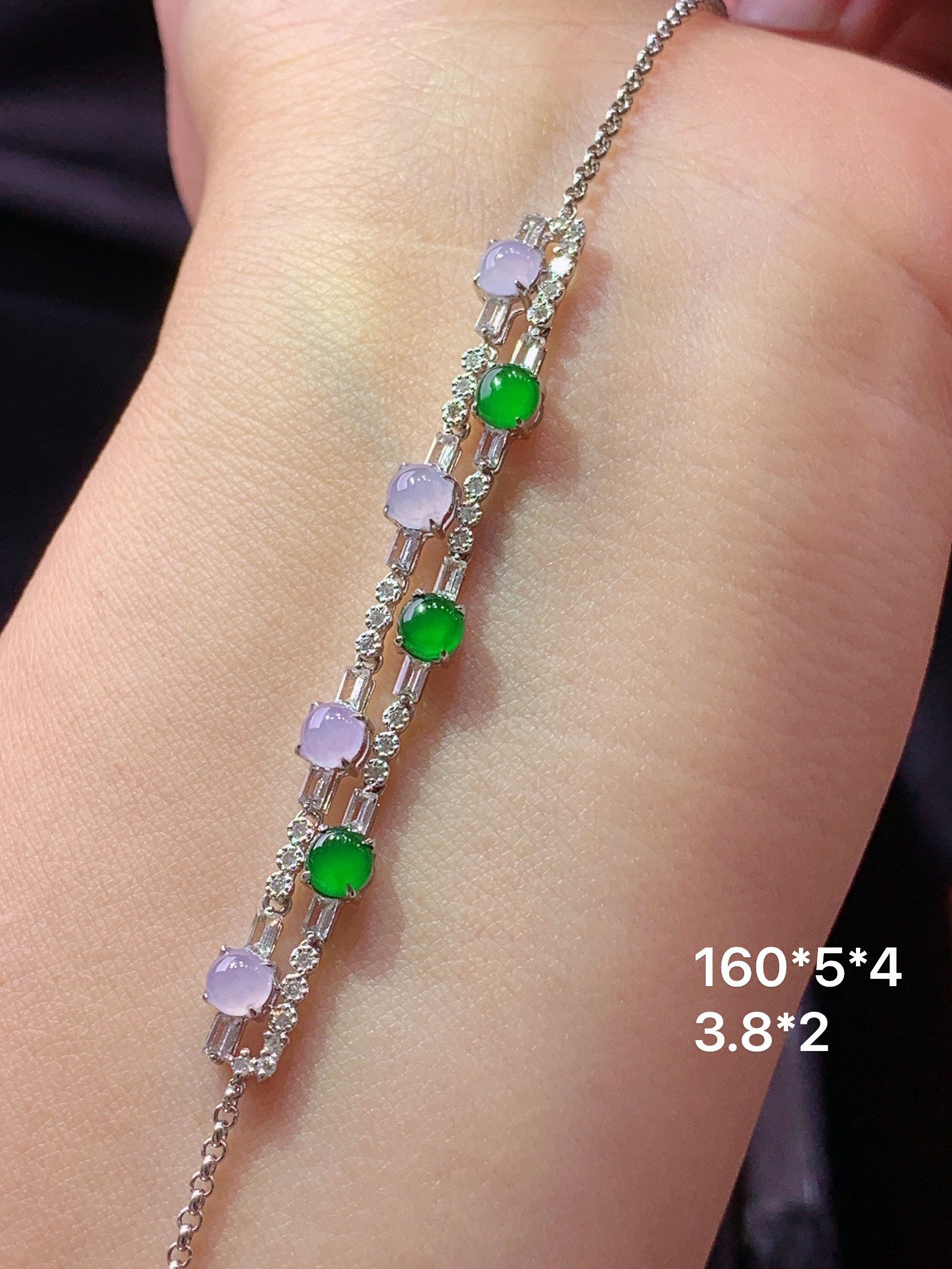 18k金钻镶嵌紫罗兰搭配满绿蛋面手链 玉质细腻 色泽艳丽清新 水润亮眼 整体尺寸160*5*4c5