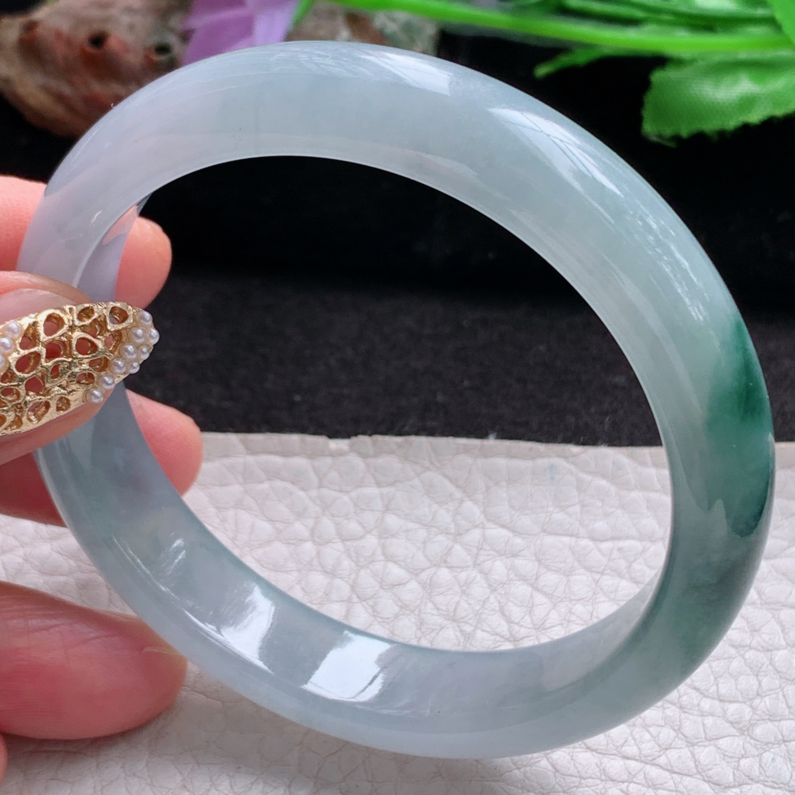 js实拍57.5*12.6*7.6平安镯 天然翡翠a货手镯冰飘花正圈玉镯子