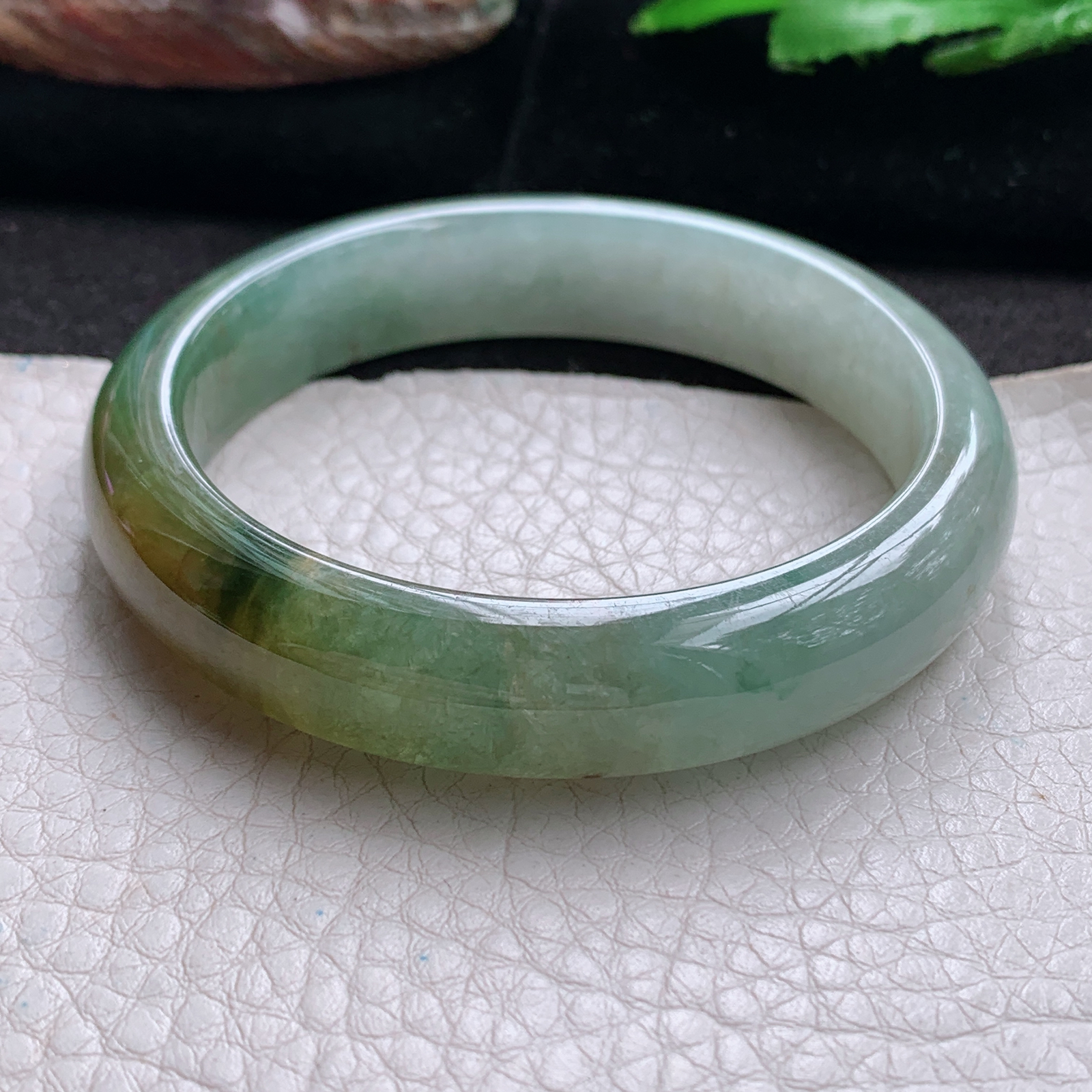 js实拍54*12.5*7.8招财镯 天然翡翠a货手镯双彩半山半水正圈玉镯子