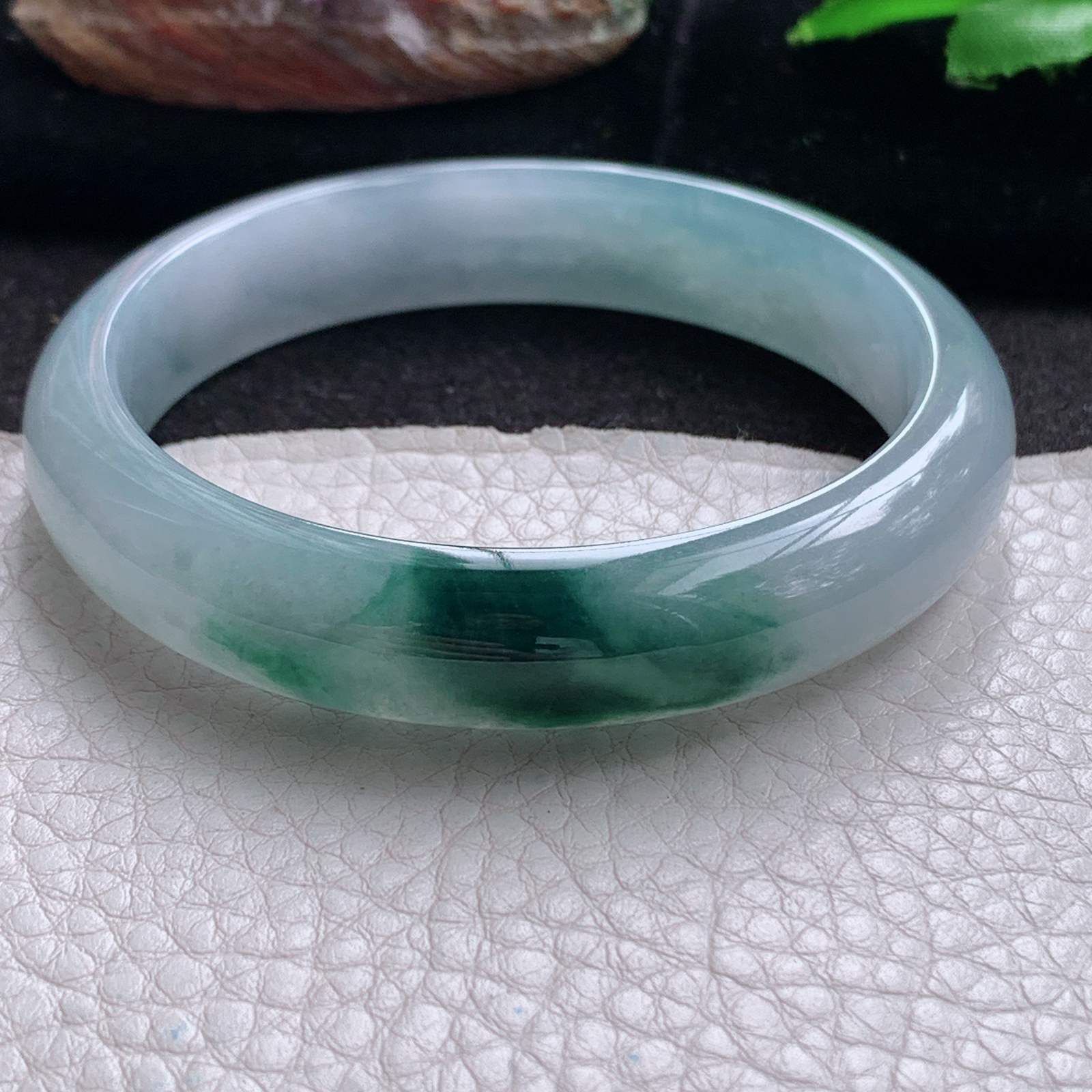 js实拍57.5*12.6*7.6平安镯 天然翡翠a货手镯冰飘花正圈玉镯子