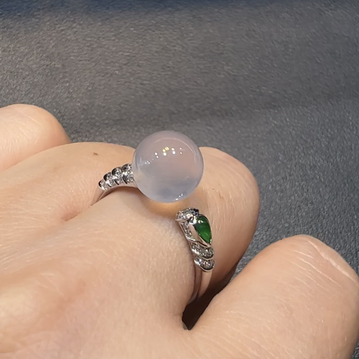 ️18k金钻石镶嵌冰种圆珠阳绿水滴戒指天然缅甸翡翠A货高端精品