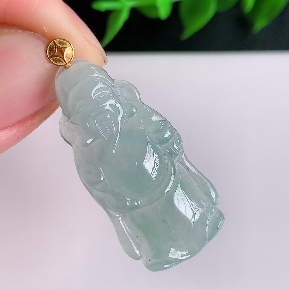 18k金扣冰润财神吊坠 玉质细腻 色泽艳丽清新 水润亮眼 W41.11  尺寸：34-16.5-4.6mm
