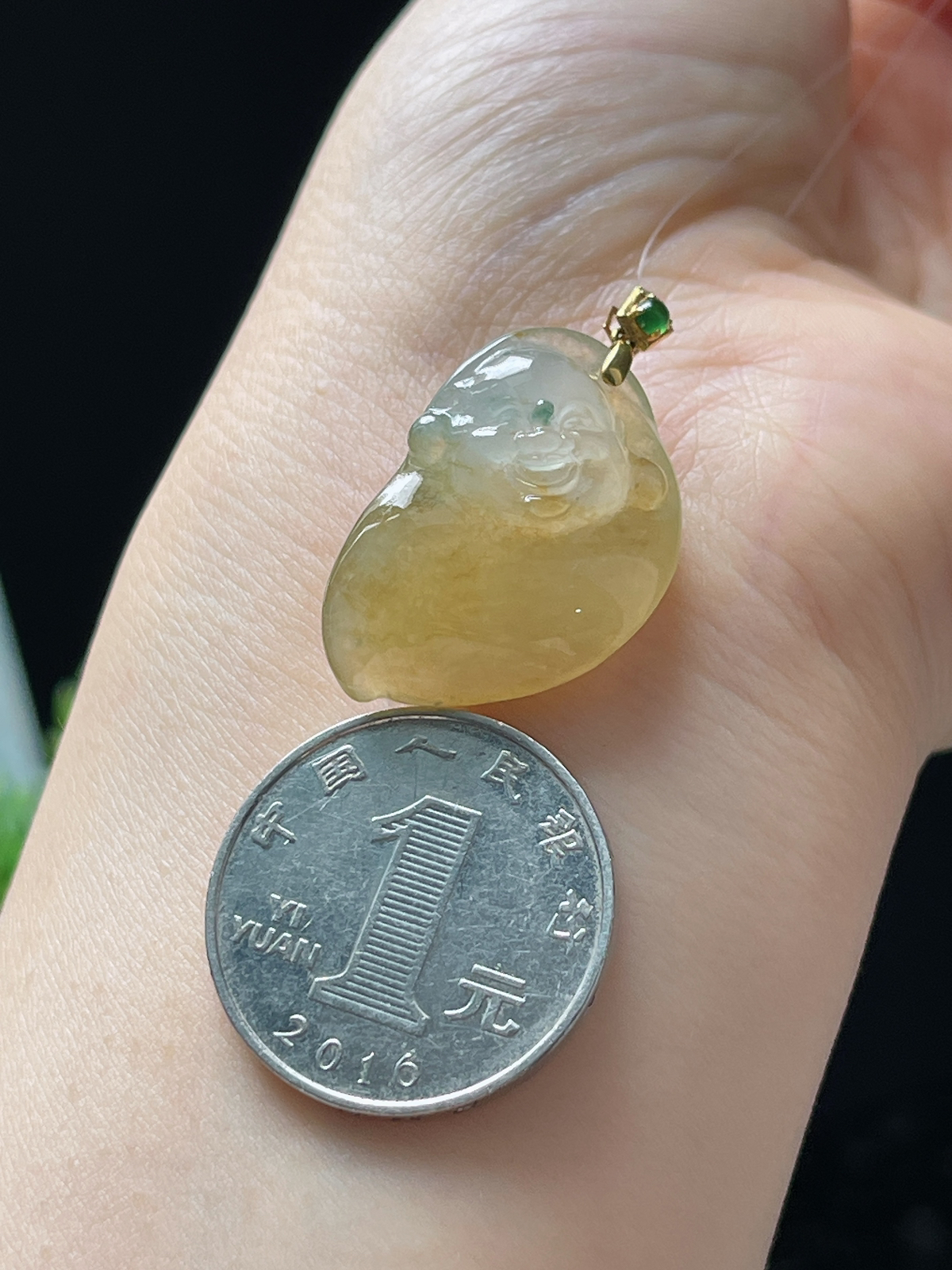18k金翡翠冰糯黄佛公吊坠
