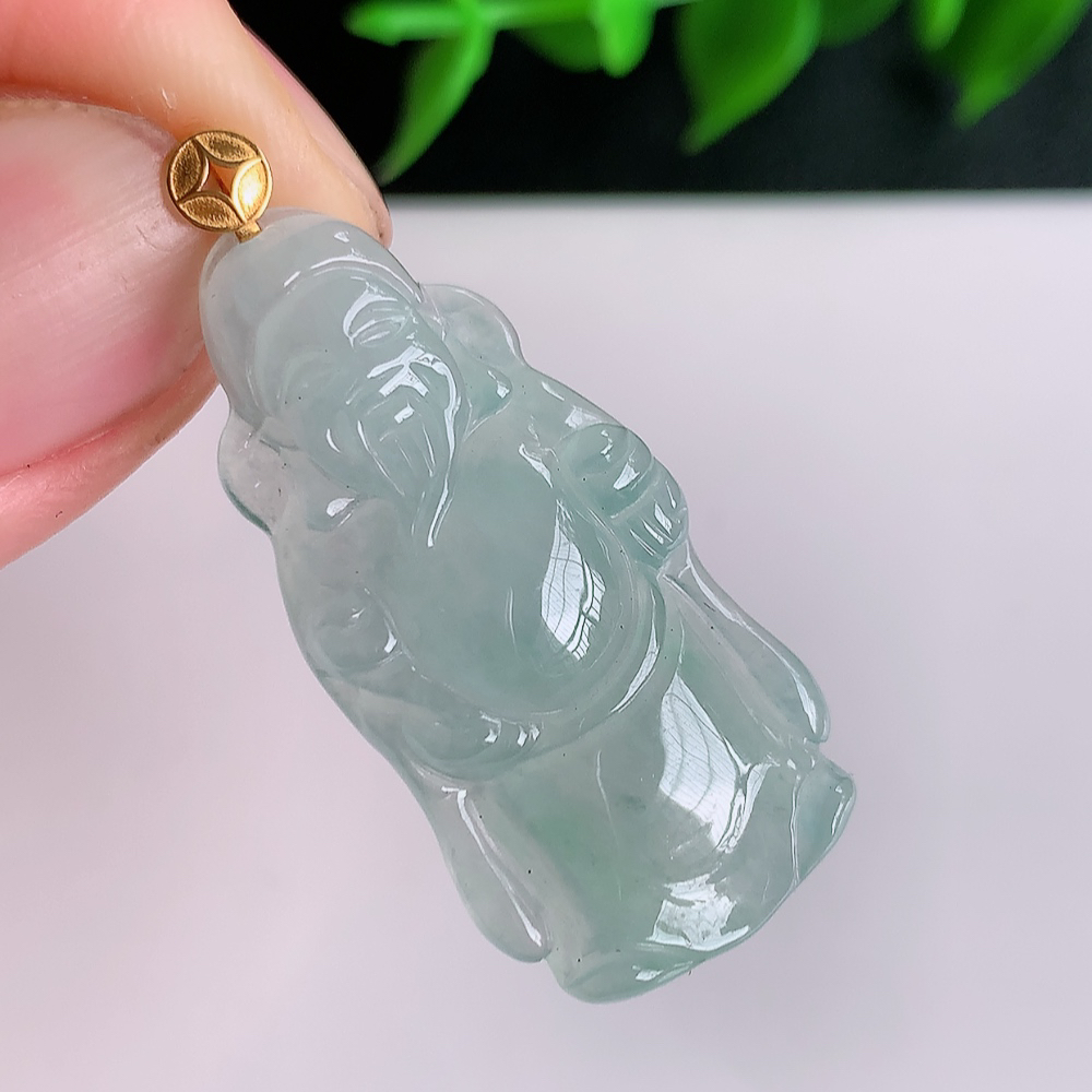18k金扣冰润财神吊坠 玉质细腻 色泽艳丽清新 水润亮眼 W41.11  尺寸：34-16.5-4.6mm