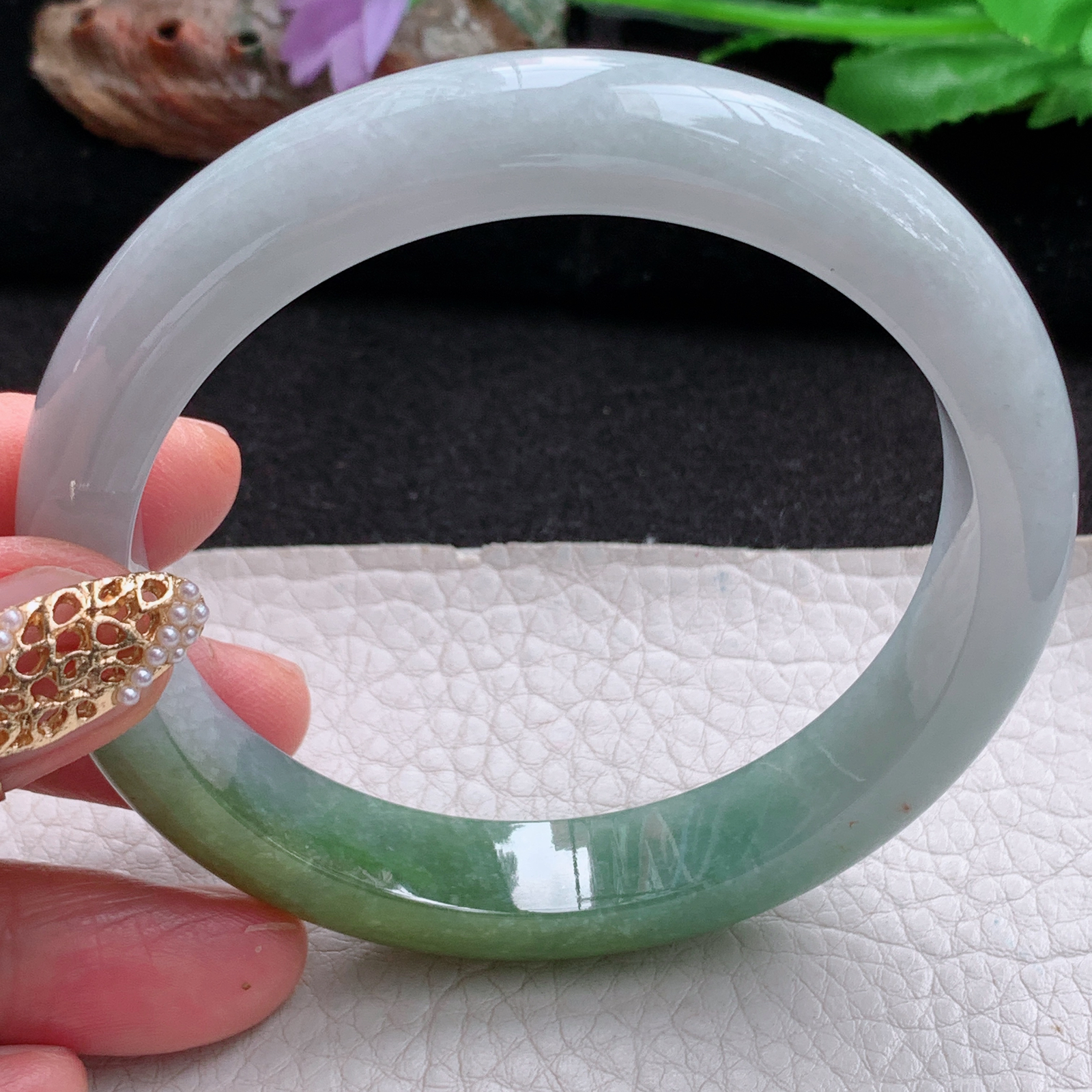 js大圈口61*11.8*8.5招财镯 天然翡翠a货手镯冰润双彩正圈玉镯子
