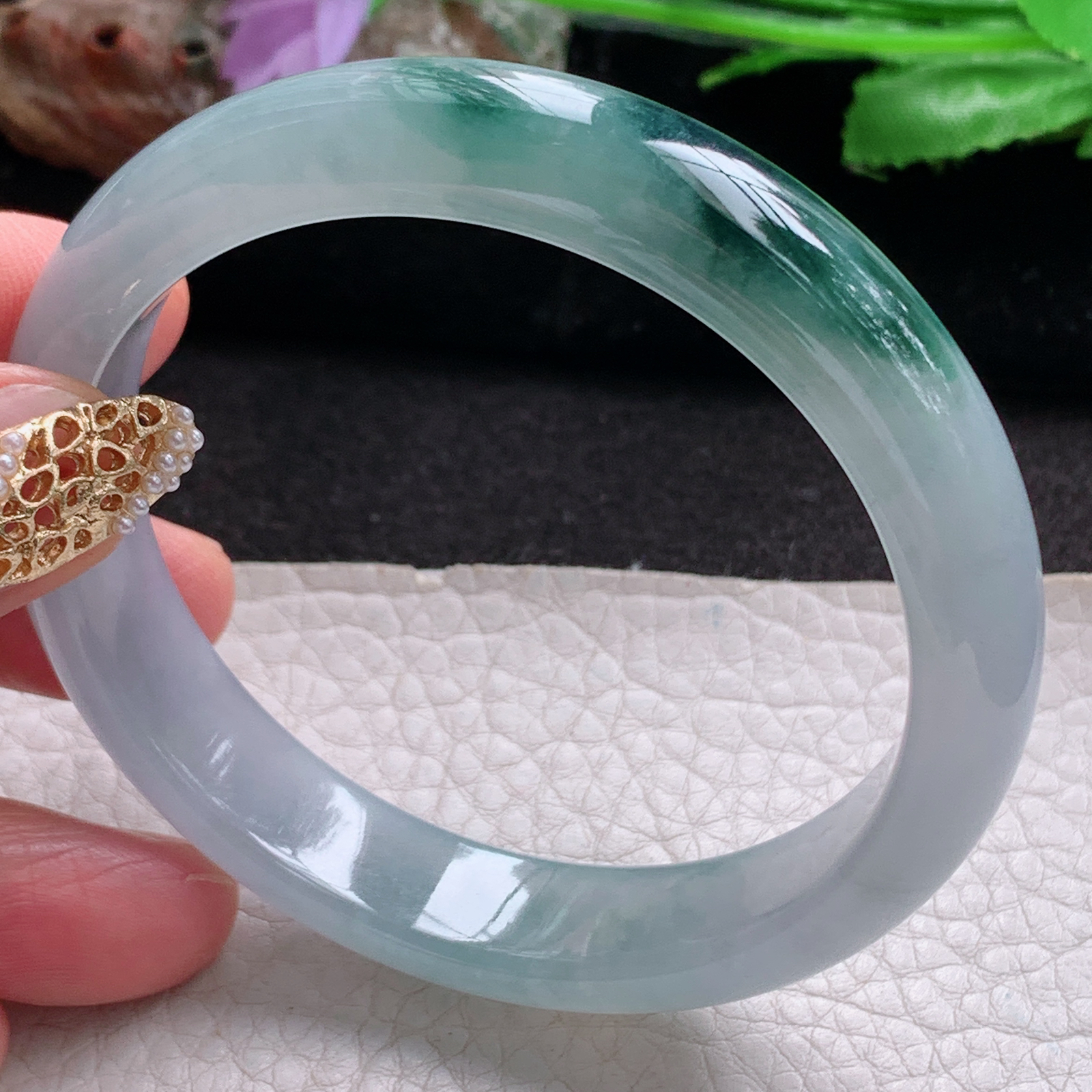 js实拍57.5*12.6*7.6平安镯 天然翡翠a货手镯冰飘花正圈玉镯子