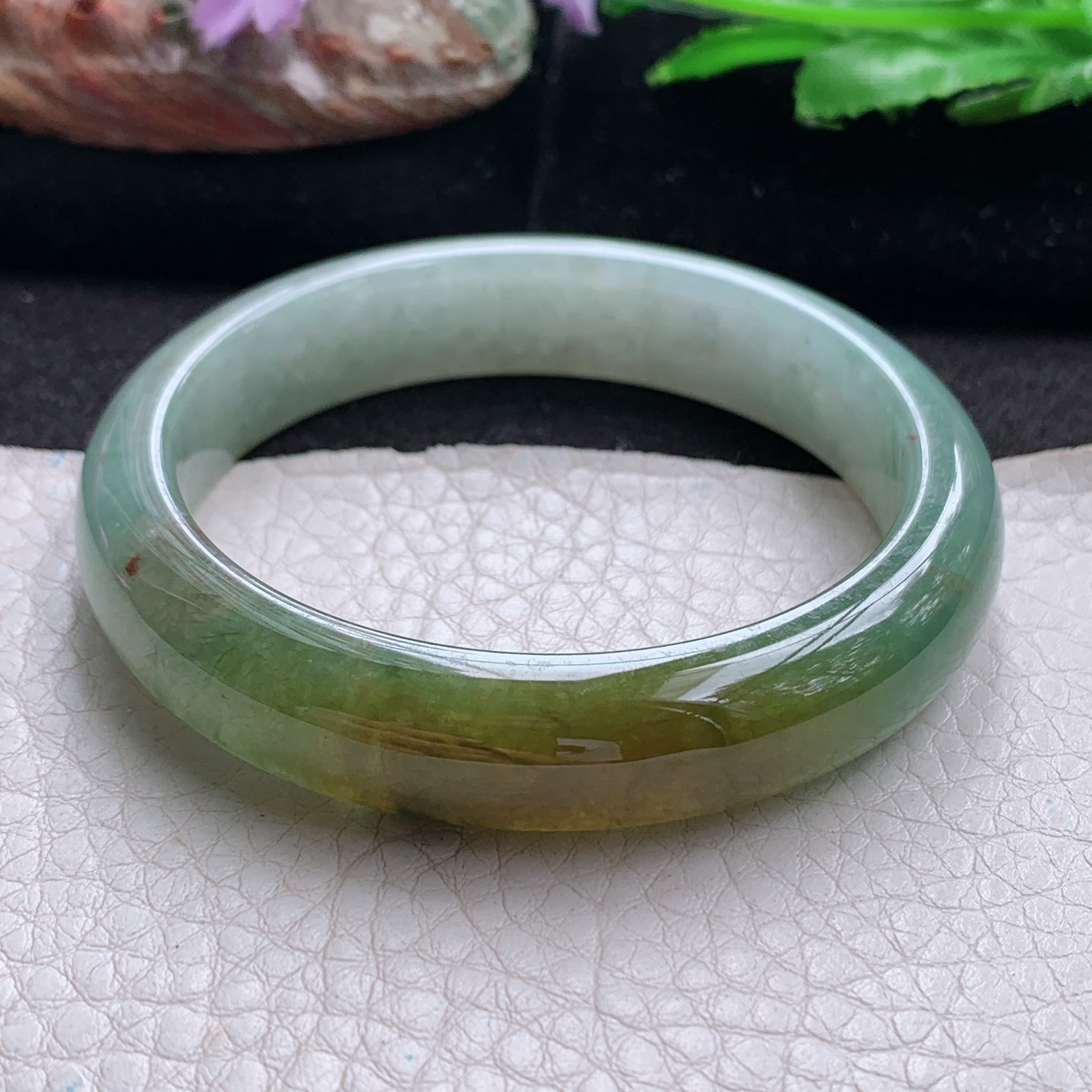 js实拍54*12.5*7.8招财镯 天然翡翠a货手镯双彩半山半水正圈玉镯子