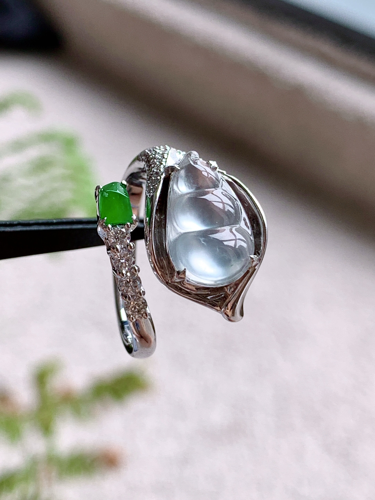 【镶嵌】🫧玻璃种豆子福豆戒指
【说明】缅料 18k金镶嵌 性价比高  
【裸石】12.5-7.8-2
【圈口】14号