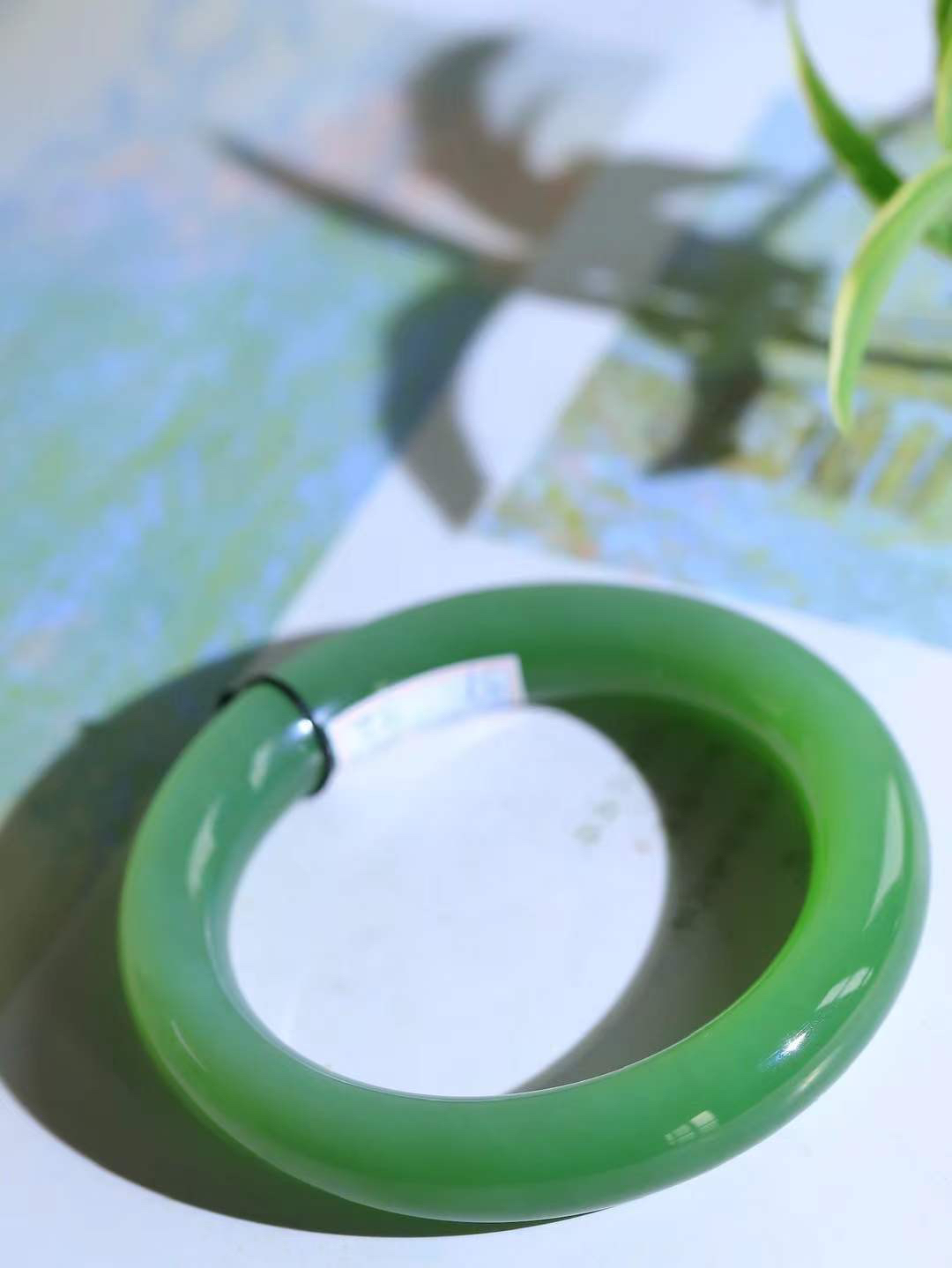 （碧色荡漾.手镯）

收藏级臻品和田玉碧玉起荧光手镯，灼灼其华想像靓妆淡伫 ，腕间绿意跳脱冰壶莹，坐间静对，姑射仙姿潇洒处，艳冶最奇料子油润滋腻镯型饱满，手感上佳。重69.2克   内径56.5mm尺寸12-11.5mm  24471113T