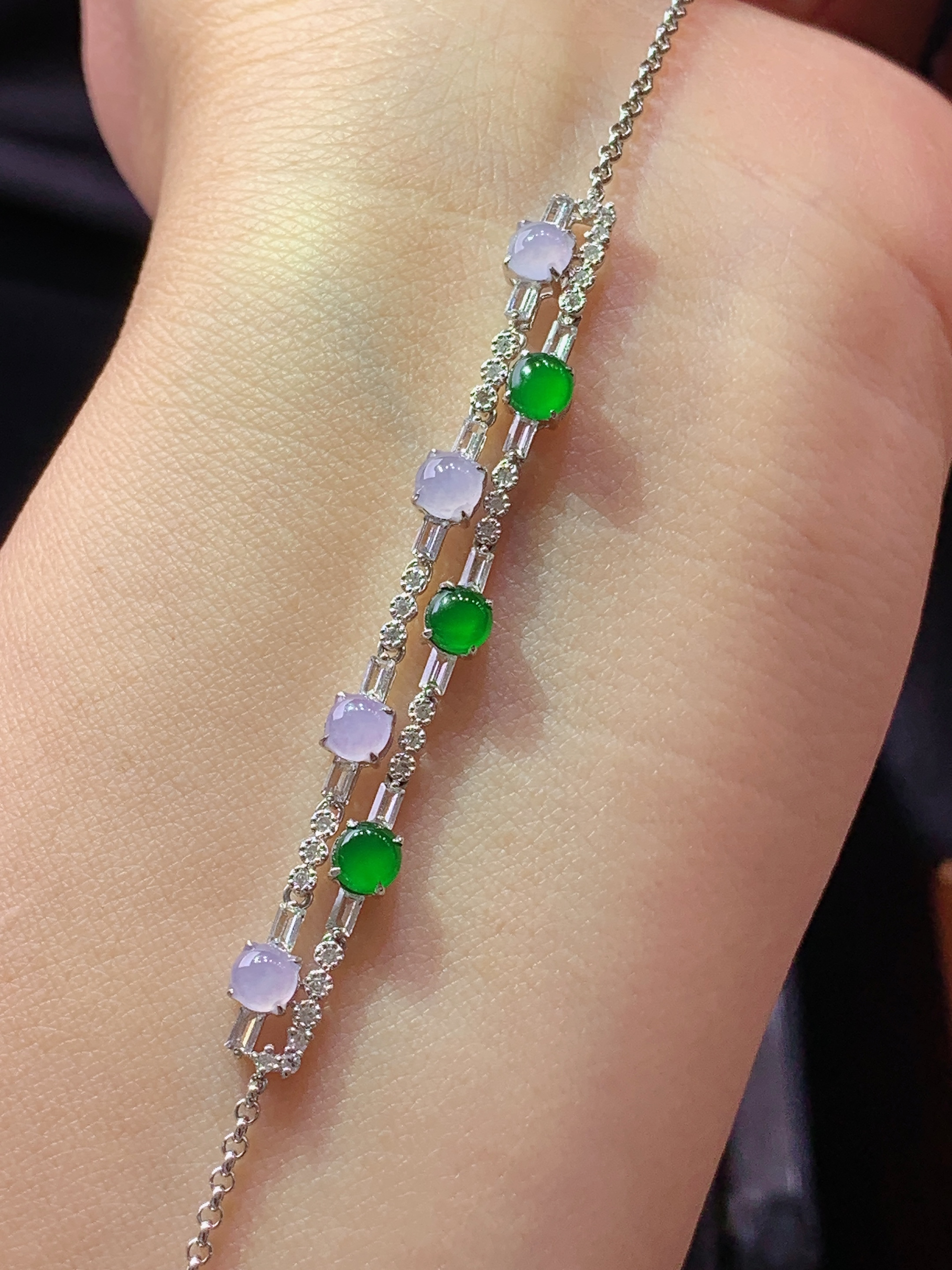 18k金钻镶嵌紫罗兰搭配满绿蛋面手链 玉质细腻 色泽艳丽清新 水润亮眼 整体尺寸160*5*4c5