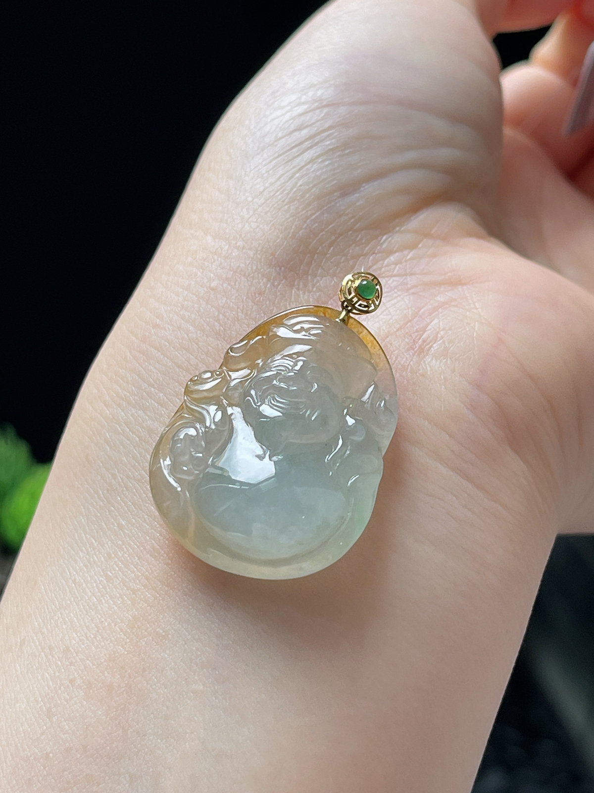 18k金翡翠冰糯黄财神挂件