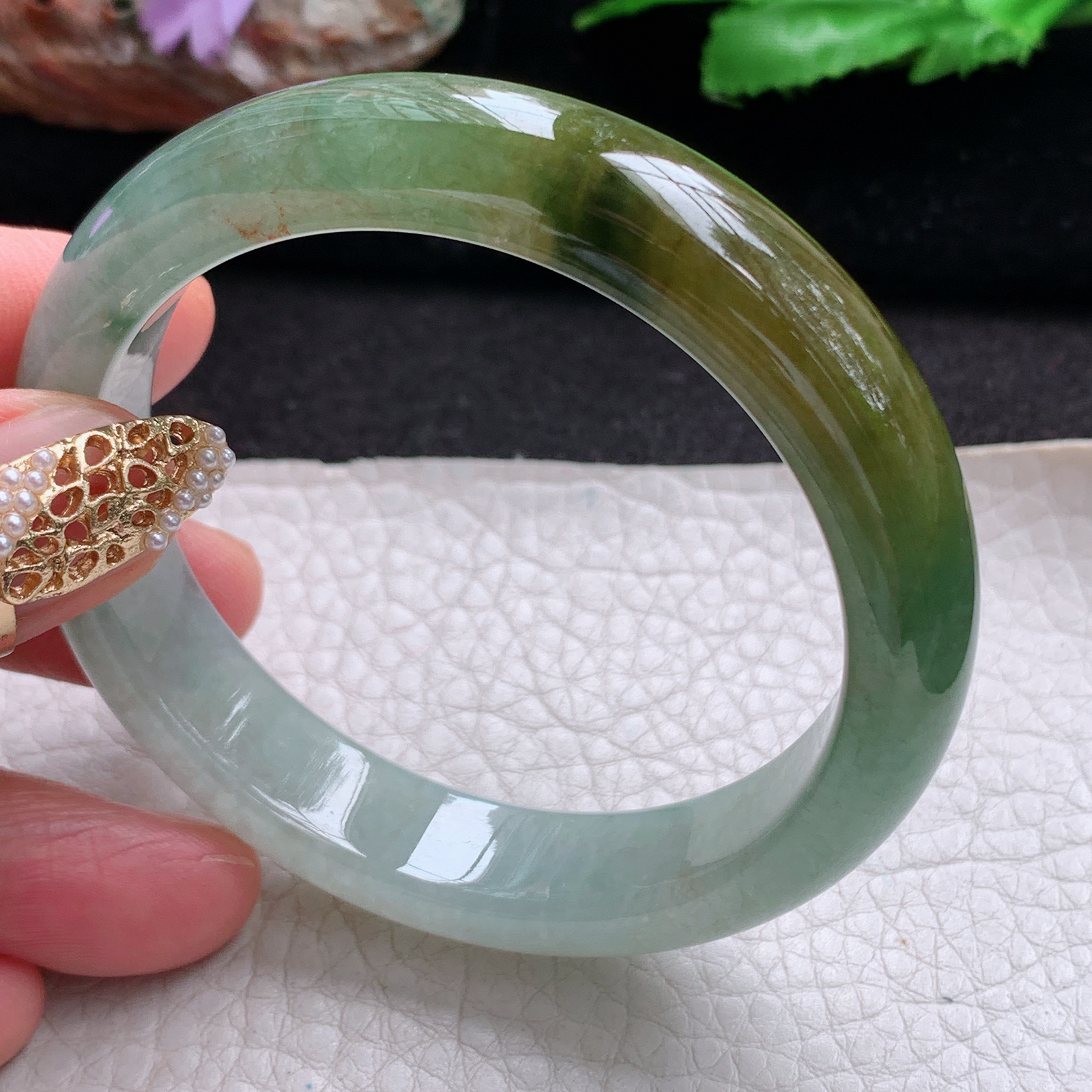 js实拍54*12.5*7.8招财镯 天然翡翠a货手镯双彩半山半水正圈玉镯子
