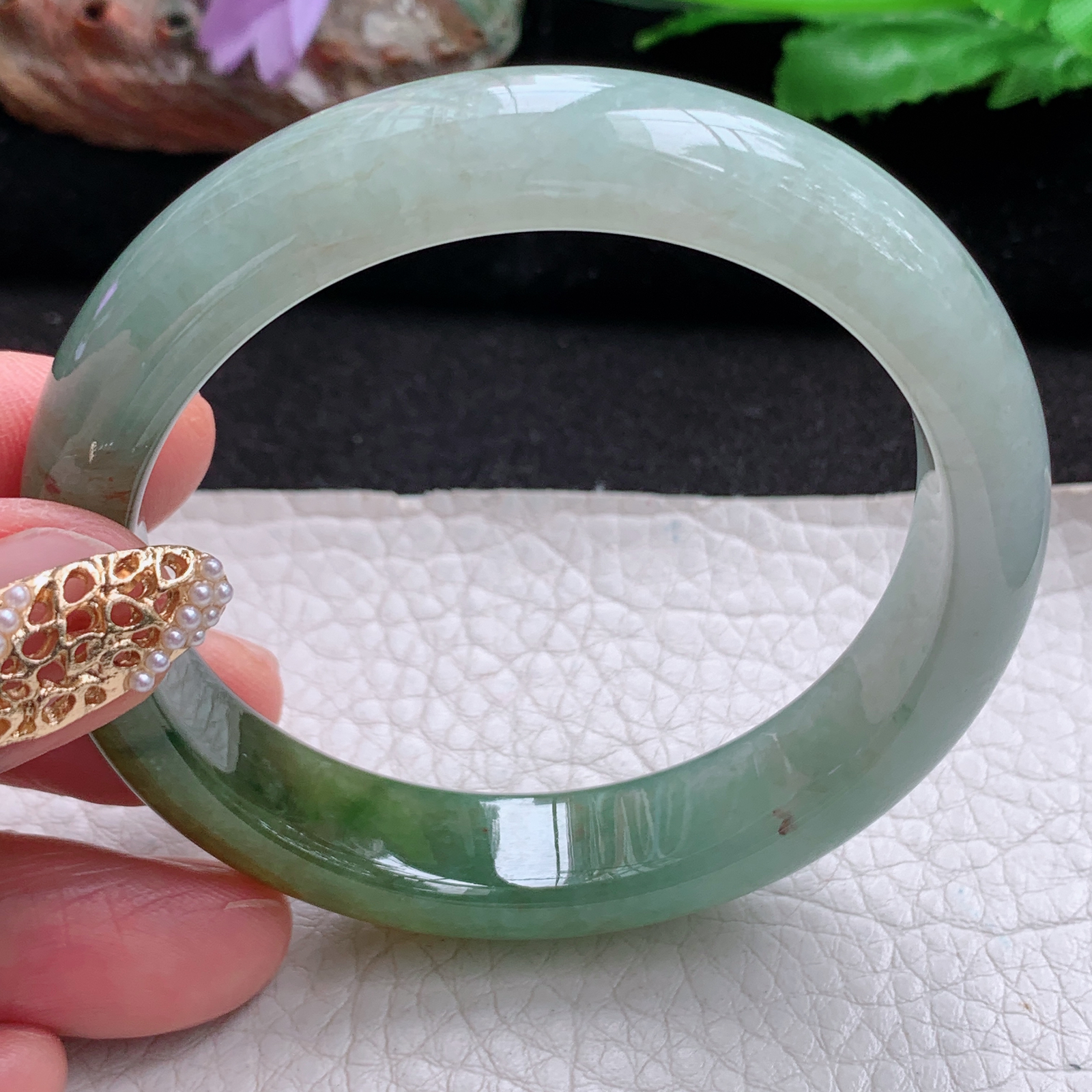 js实拍54*12.5*7.8招财镯 天然翡翠a货手镯双彩半山半水正圈玉镯子