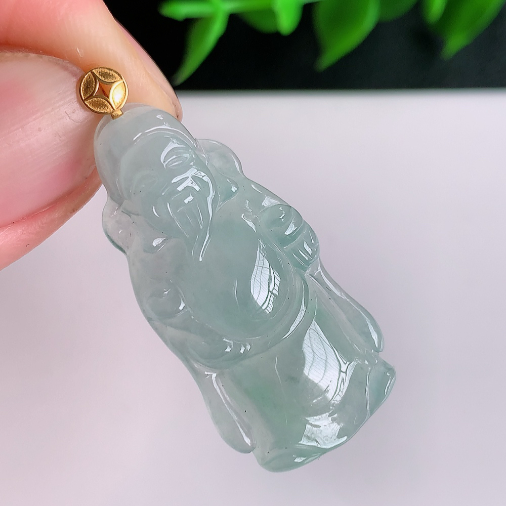 18k金扣冰润财神吊坠 玉质细腻 色泽艳丽清新 水润亮眼 W41.11  尺寸：34-16.5-4.6mm