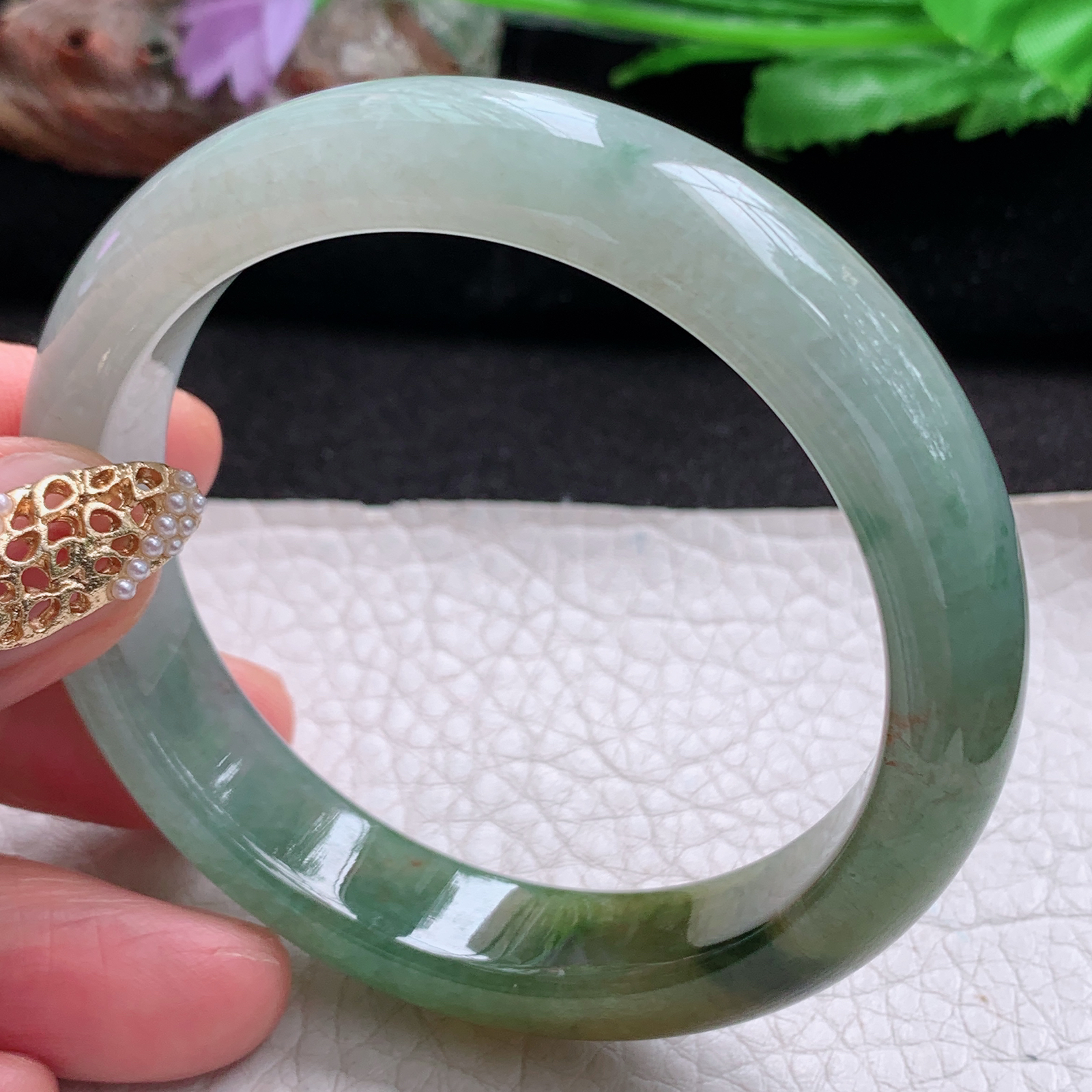 js实拍54*12.5*7.8招财镯 天然翡翠a货手镯双彩半山半水正圈玉镯子