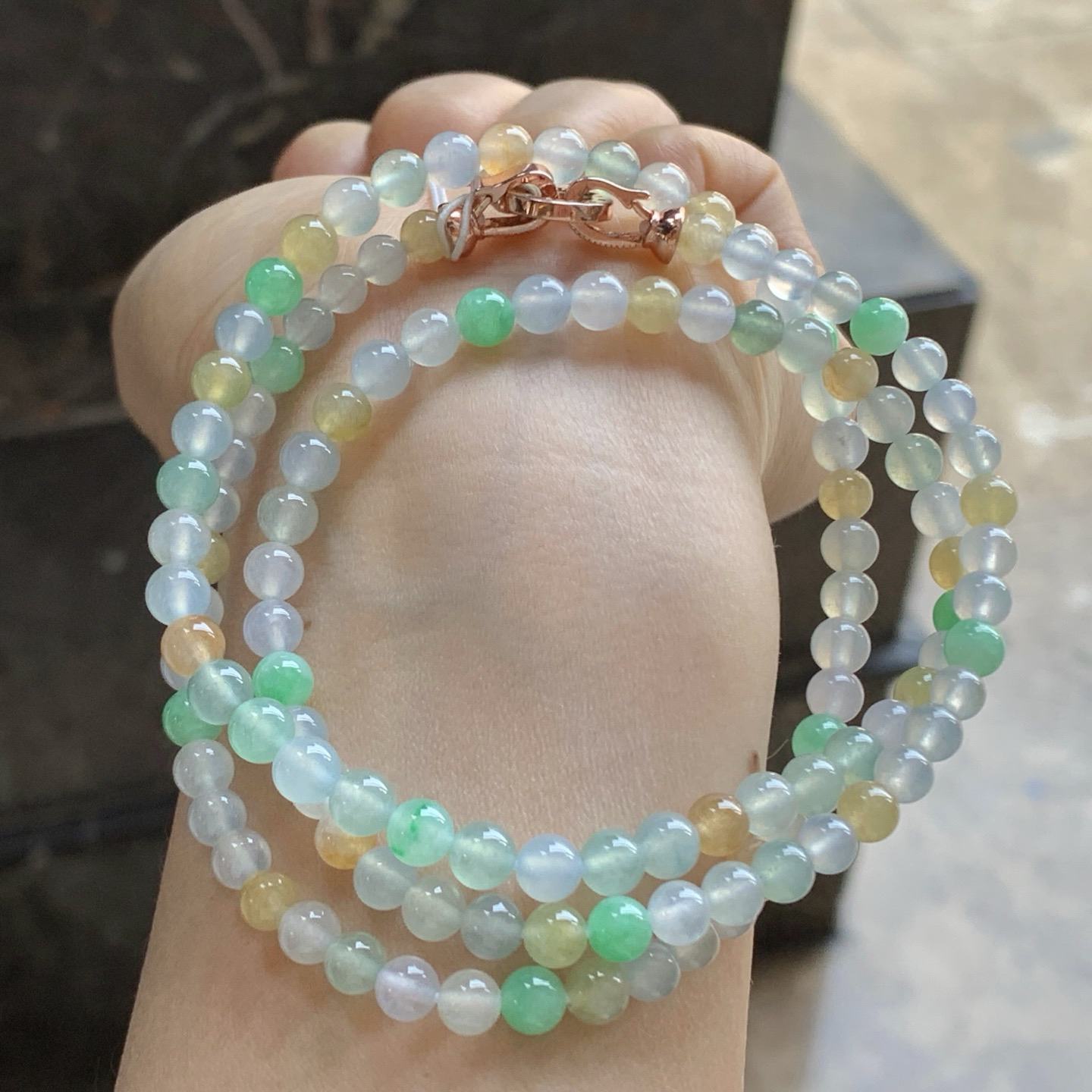 冰种多彩手链^_^鲜艳 玉质温润