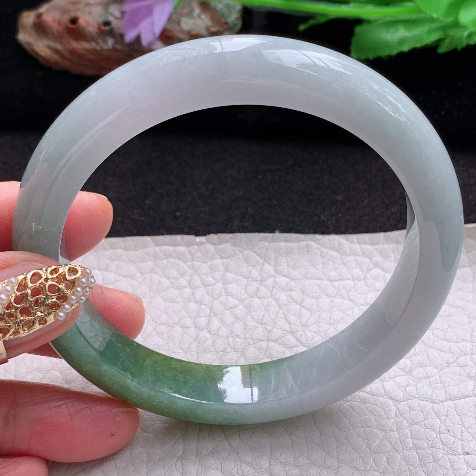 js大圈口61*11.8*8.5招财镯 天然翡翠a货手镯冰润双彩正圈玉镯子