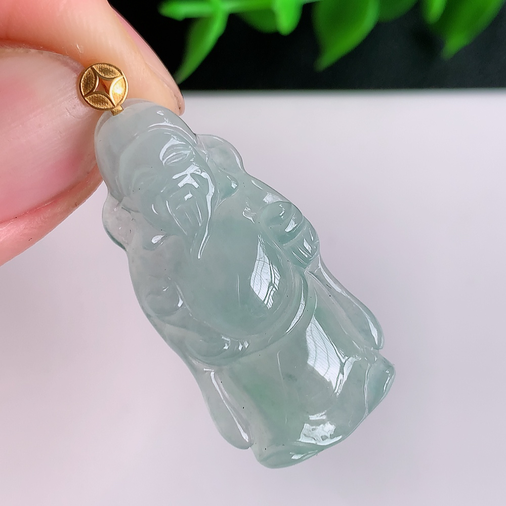 18k金扣冰润财神吊坠 玉质细腻 色泽艳丽清新 水润亮眼 W41.11  尺寸：34-16.5-4.6mm