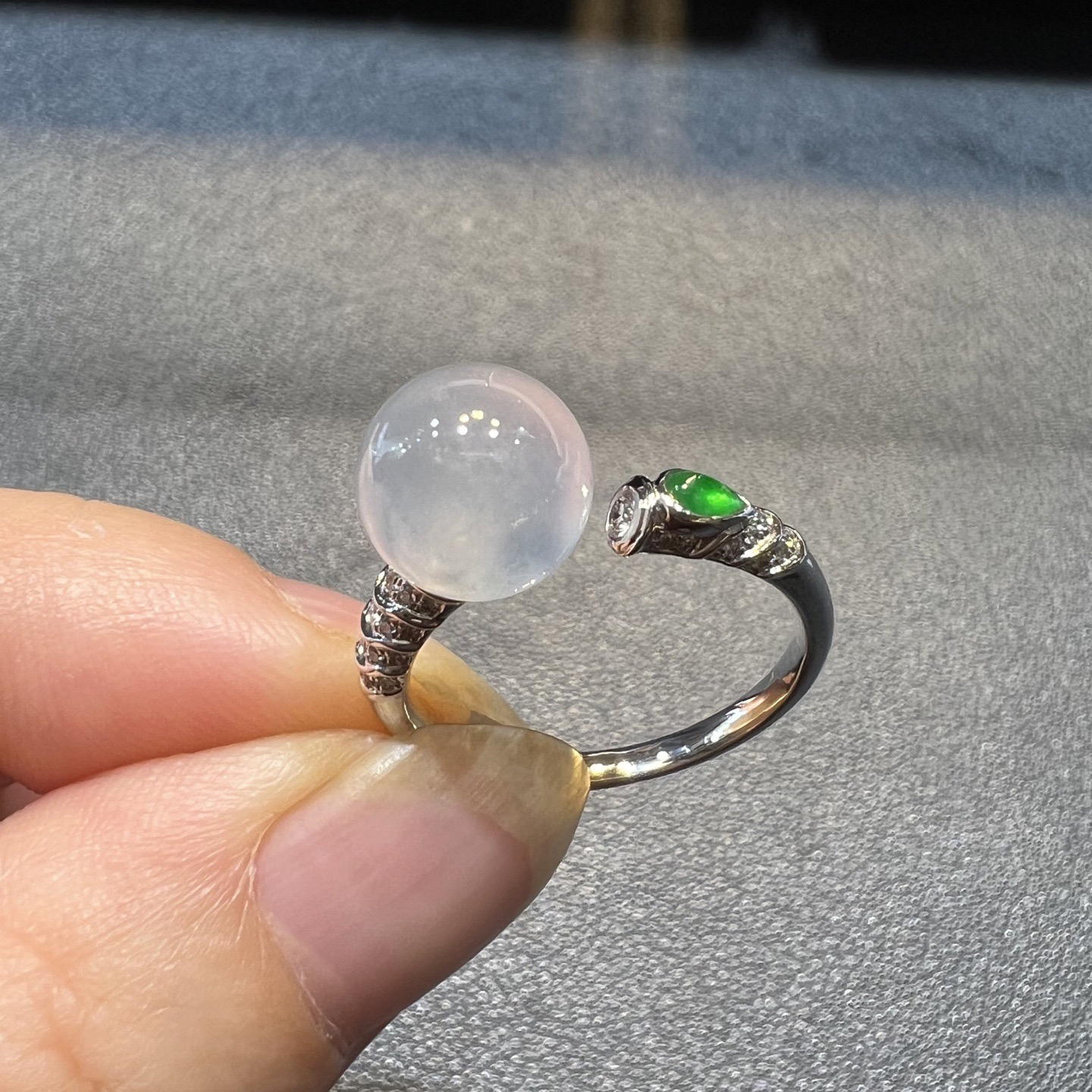 ️18k金钻石镶嵌冰种圆珠阳绿水滴戒指天然缅甸翡翠A货高端精品