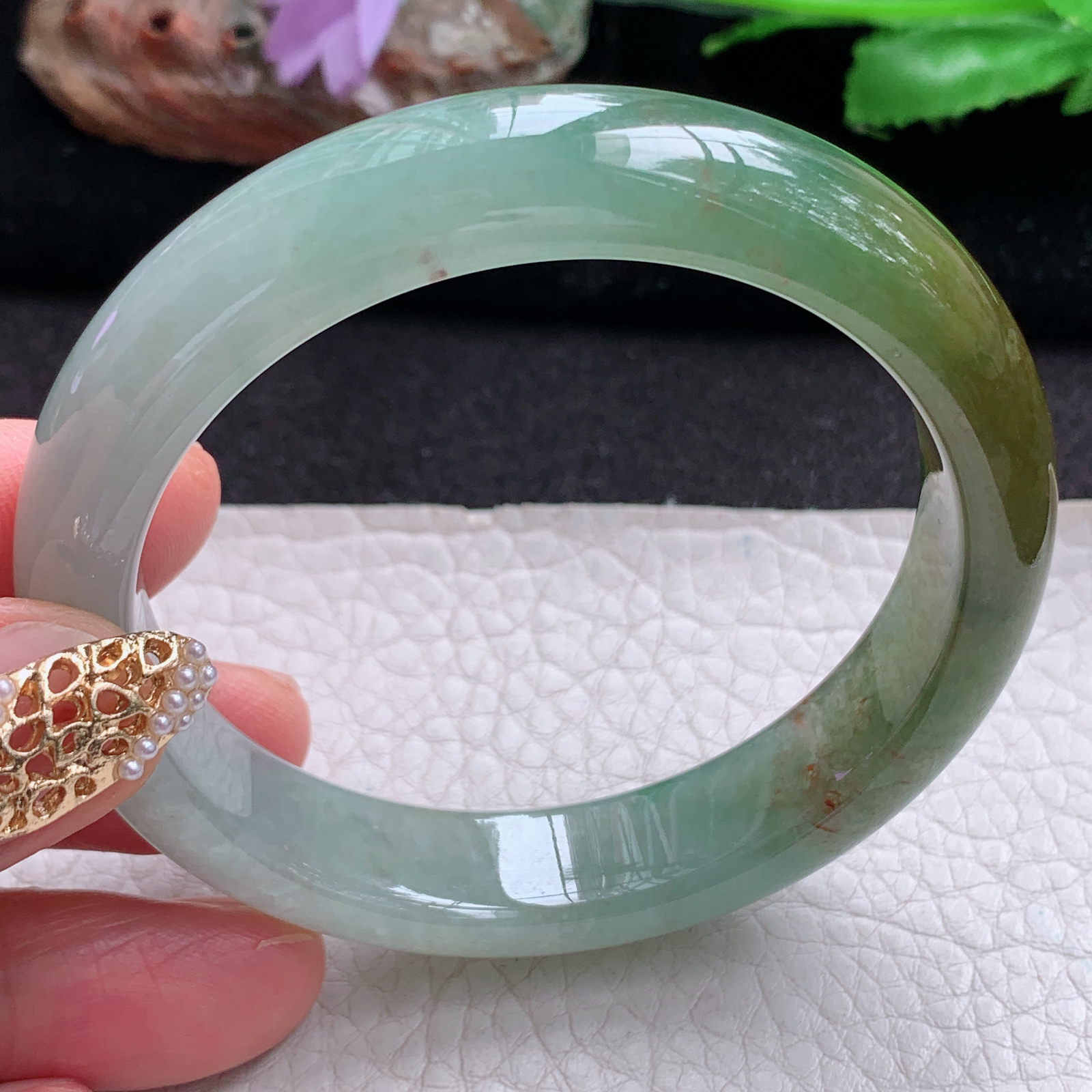 js实拍54*12.5*7.8招财镯 天然翡翠a货手镯双彩半山半水正圈玉镯子
