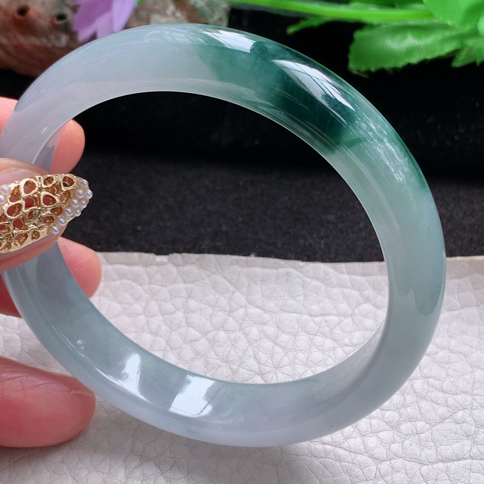 js实拍57.5*12.6*7.6平安镯 天然翡翠a货手镯冰飘花正圈玉镯子