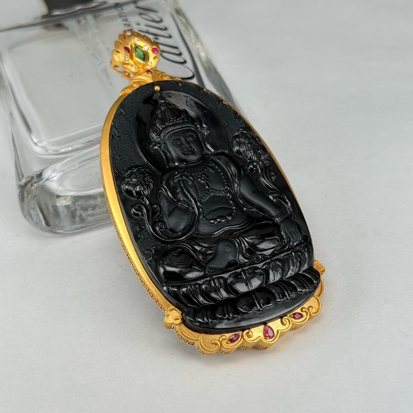 精品豪镶墨翠度母 种好色正 黑度极好 打灯通透 油性十足 尺寸87.4