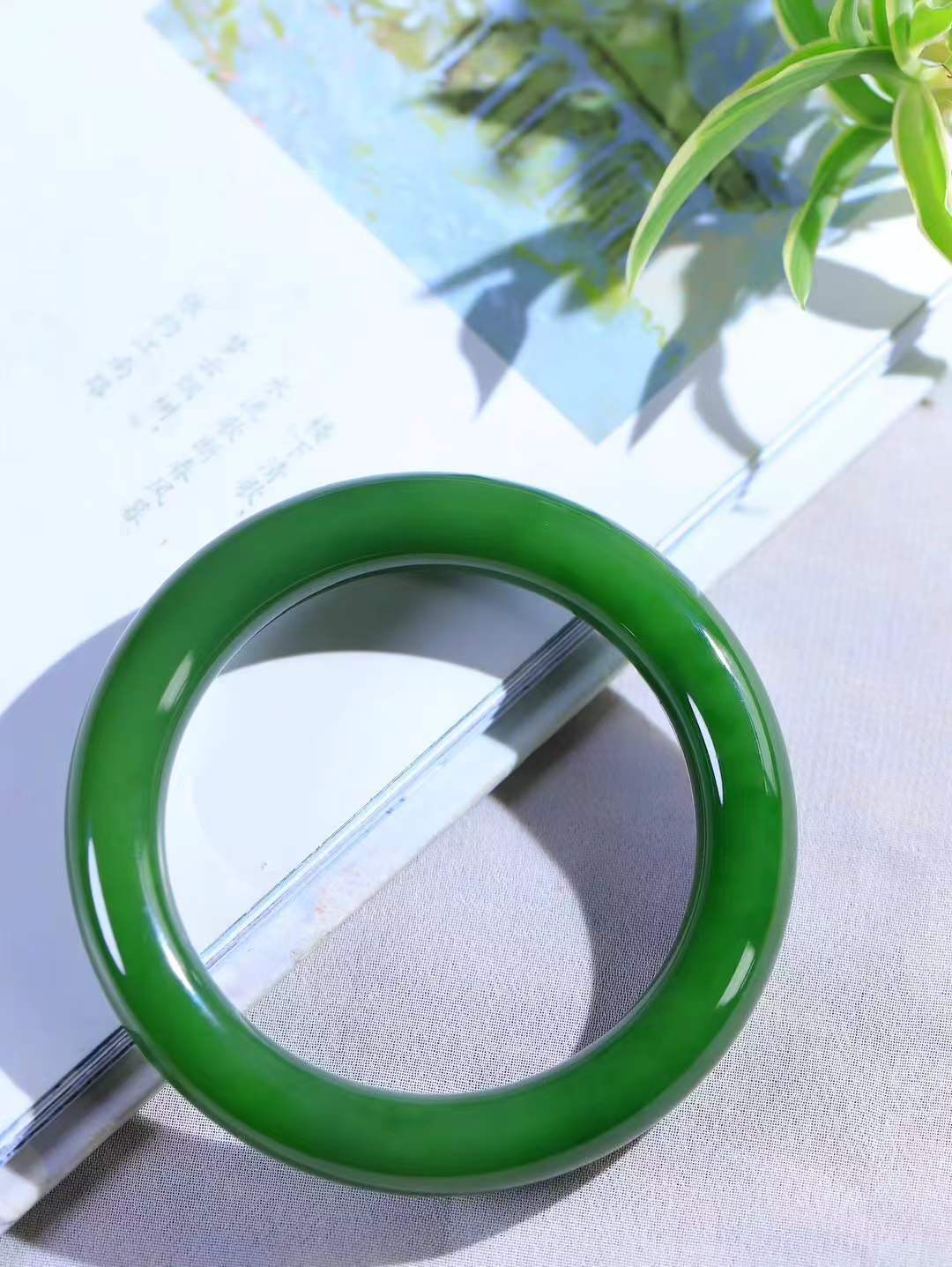 【悠悠芳华.镯】

收藏级臻品️和田玉碧玉手镯 玉质温润 青葱岁月，尽收腕中，婉转流畅，凝岁月悠长。盈一眸恬淡，挽一抹绿意。重63.8克 内径56mm尺寸11.7-10.7mm56401113T