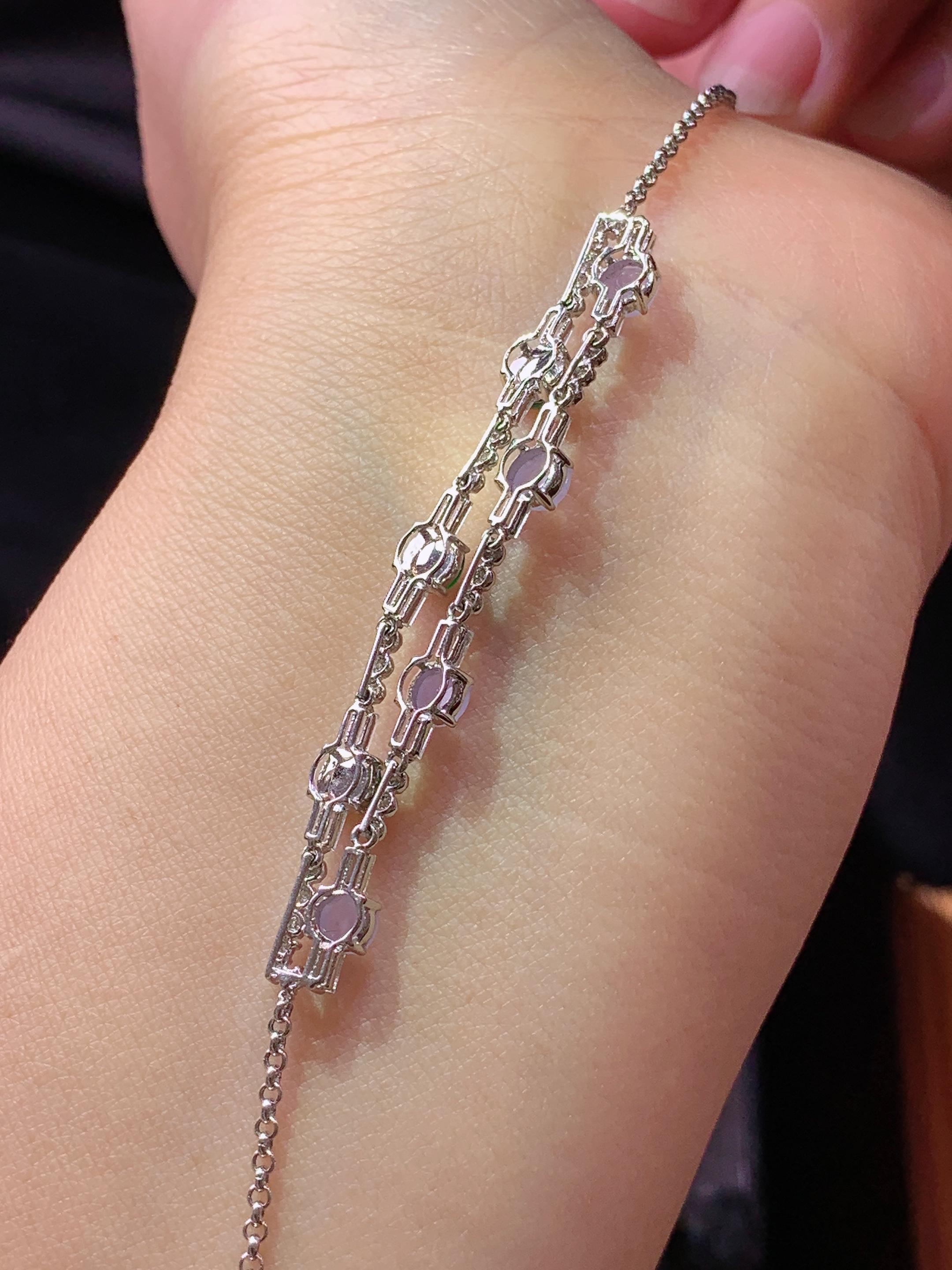 18k金钻镶嵌紫罗兰搭配满绿蛋面手链 玉质细腻 色泽艳丽清新 水润亮眼 整体尺寸160*5*4c5